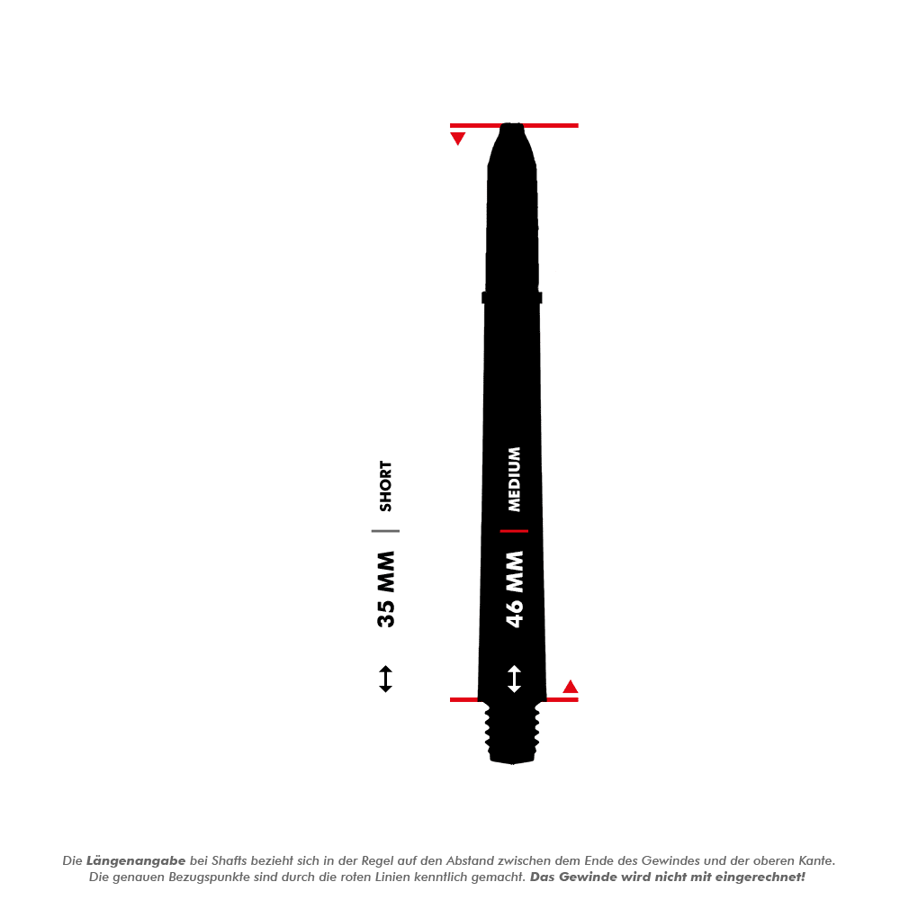 Das Bild zeigt zwei Winmau Nylon Ring Grip MvG Design Shafts in unterschiedlichen Längen. Der kurze Schaft ist 35 mm lang und der mittlere Schaft ist 46 mm lang.