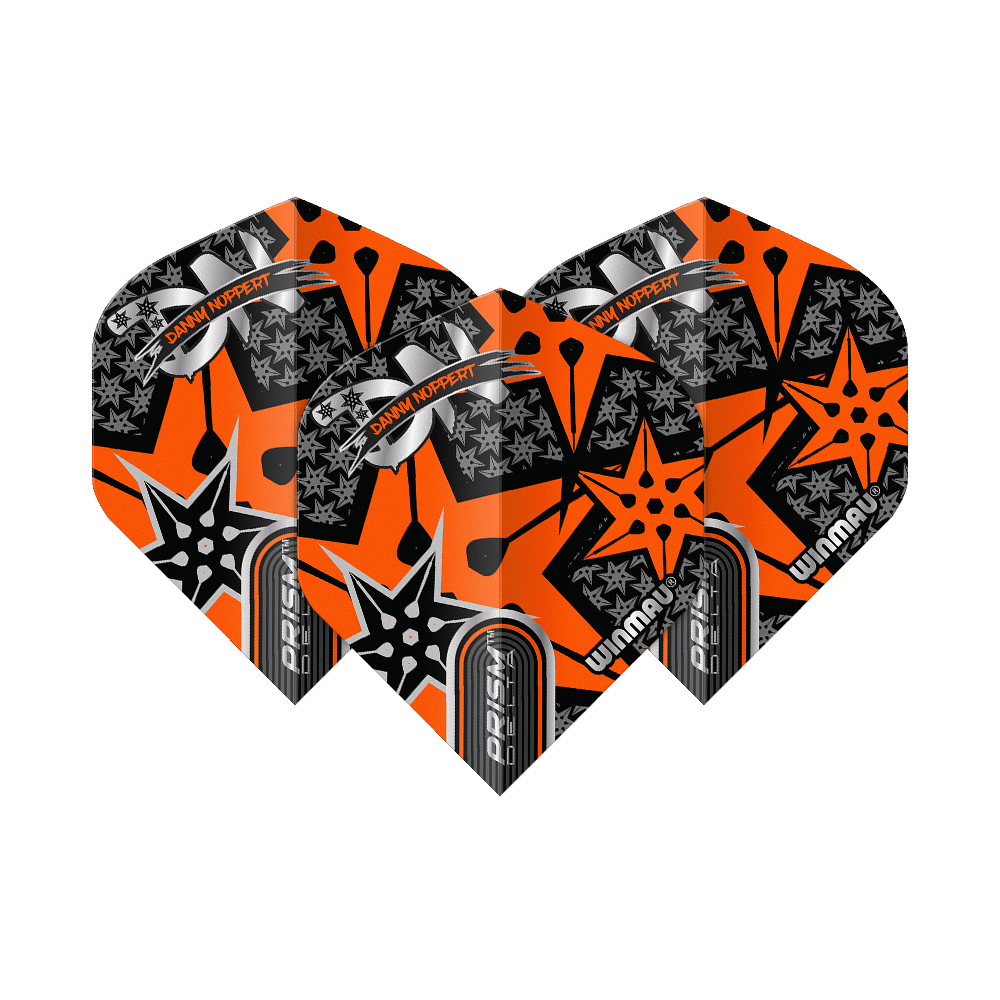 Vuelos estándar Winmau Prism Delta Danny Noppert Orange Signature No2 Das Bild zeigt drei Dart-Flights mit auffälligem orange-schwarzem Design. Auf den Flights steht "Danny Noppert" und "Winmau Prism Delta".