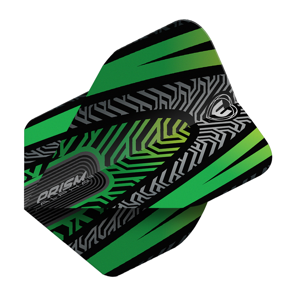 Winmau Prism Alpha Negro Verde No. 2 Vuelos Estándar Dieses Bild zeigt ein Winmau Prism Alpha Schwarz Grün No2 Standard Dartflight. Das Flight hat ein modernes Muster in Schwarz, Grün und Grau.