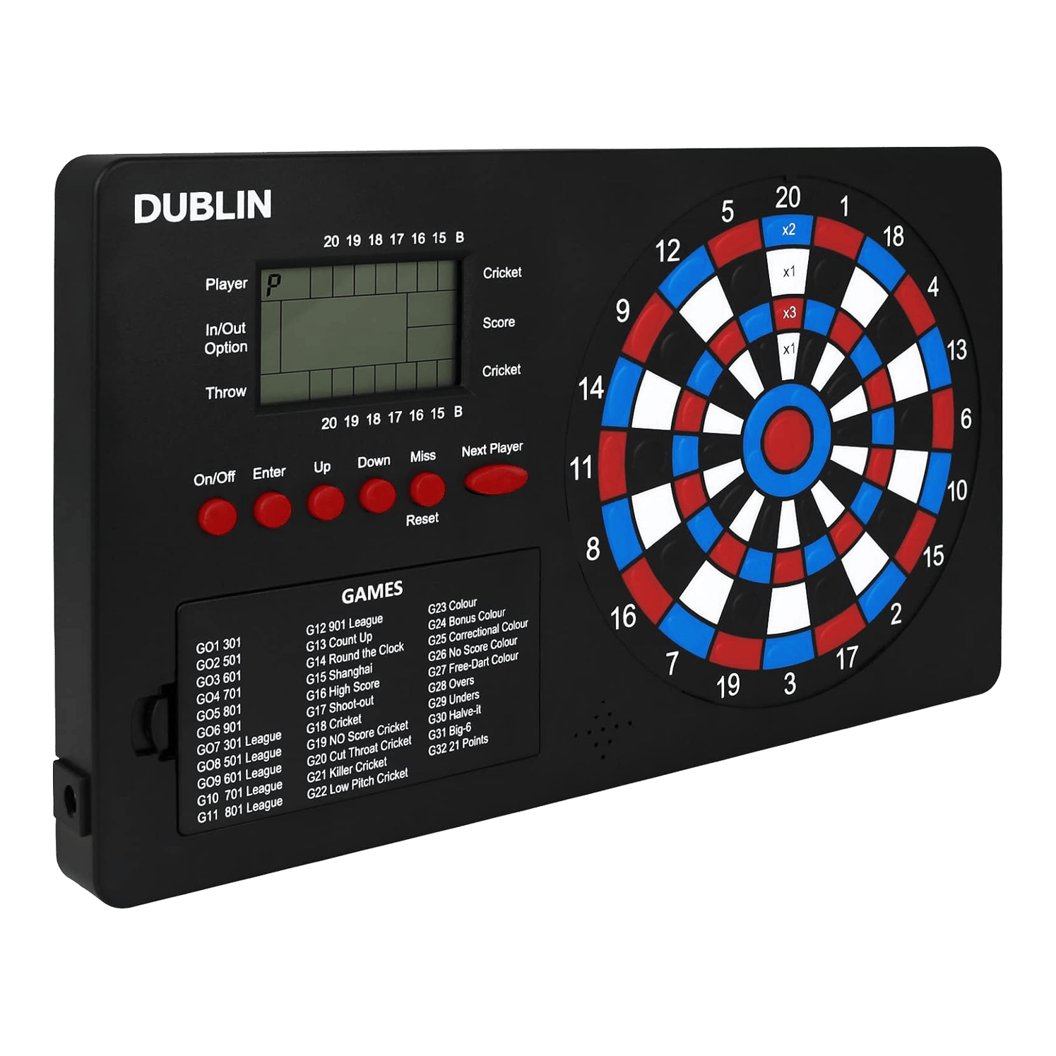 Contador de dardos XQMax Dublin Das Bild zeigt den "XQMax Dublin Dart Counter", ein elektronisches Dartboard mit digitalem Display. Auf dem Gerät befinden sich zahlreiche Tasten zur Bedienung und eine Übersicht verschiedener Dartspiele.