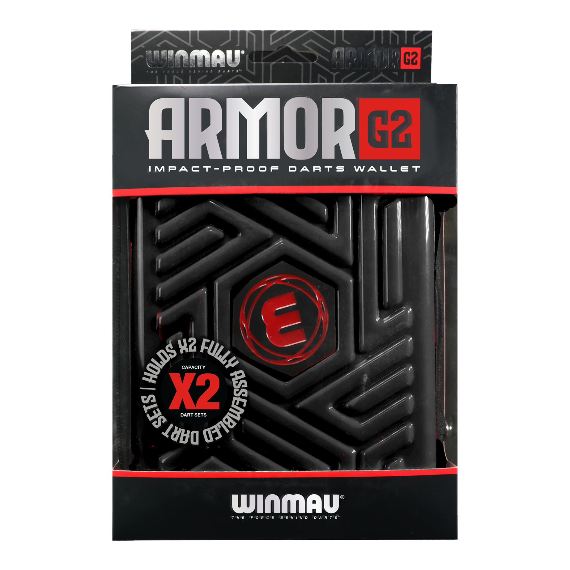 Cartera para dardos Winmau Armor G2 Dies ist eine schwarze, stoßfeste Darttasche der Marke Winmau namens "Armor G2". Sie bietet Platz für zwei komplett montierte Dart-Sets.