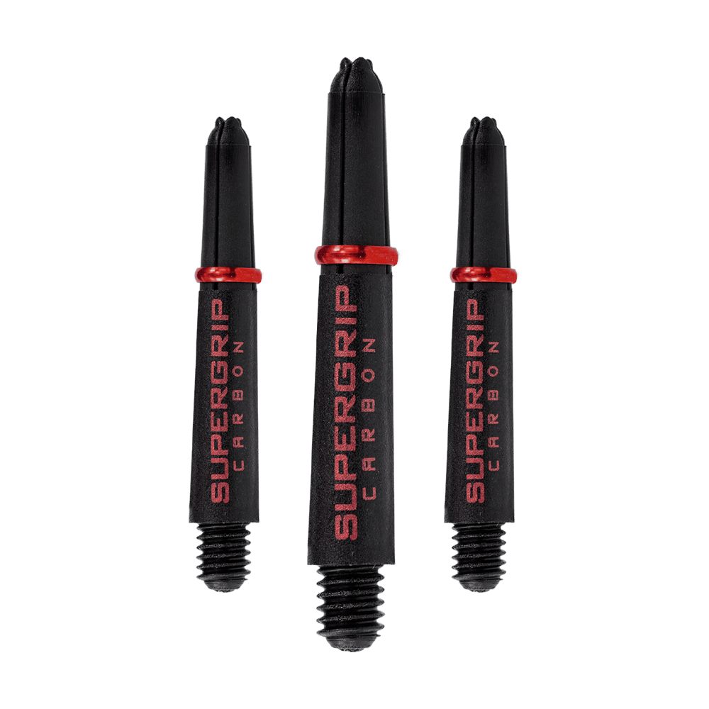 HR357_Harrows_Supergrip_Carbon_Shafts_Rot_33mm_12Lghz75QyQAGv Das Bild zeigt drei schwarze Harrows Supergrip Carbon Shafts mit rotem Schriftzug und roten Ringen. Die Dartschäfte sind in verschiedenen Längen abgebildet.
