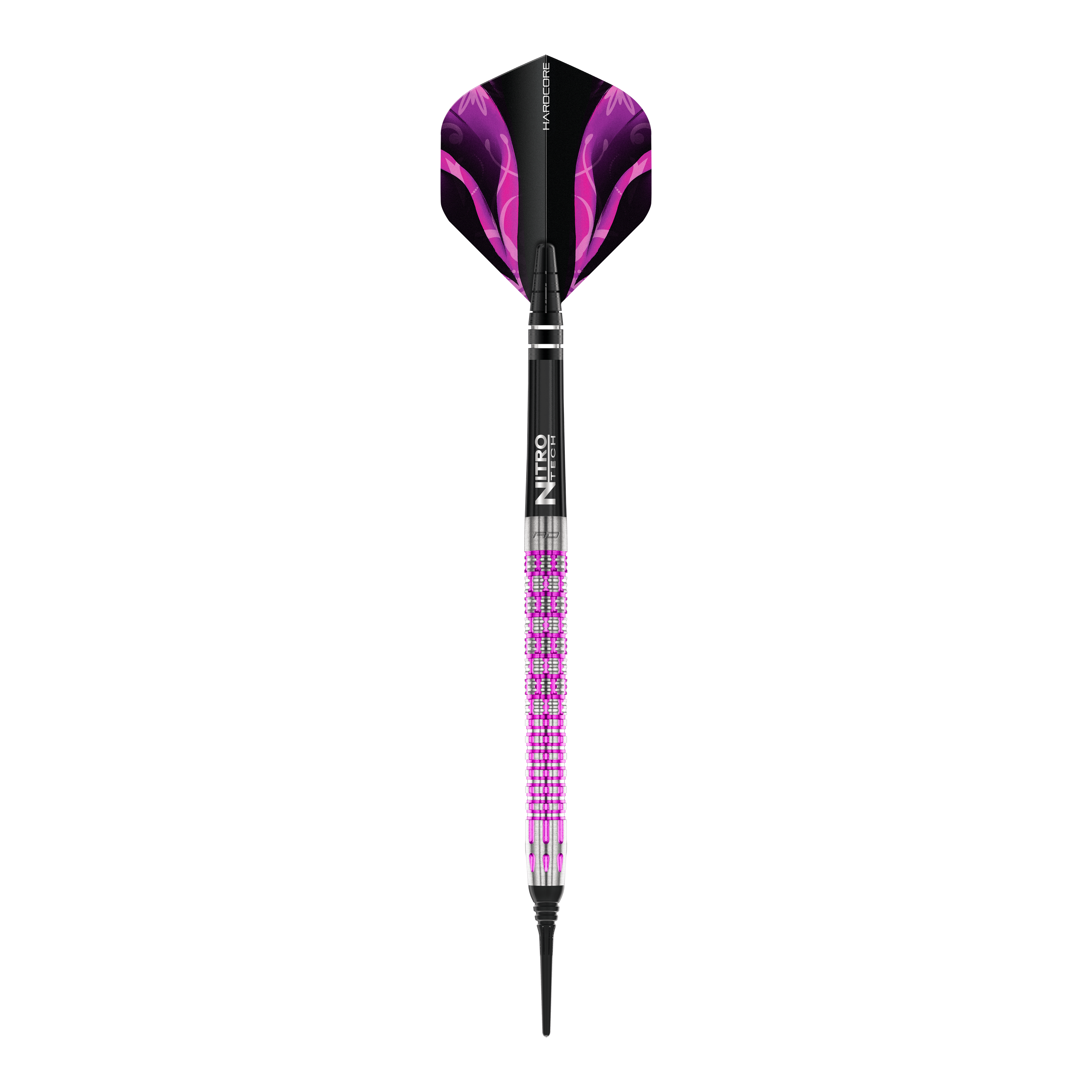 Auf dem Bild ist der Red Dragon Tyrian Softdart mit einem Gewicht von 22g zu sehen. Der Dart hat ein auffälliges Design mit lila und pinken Akzenten.