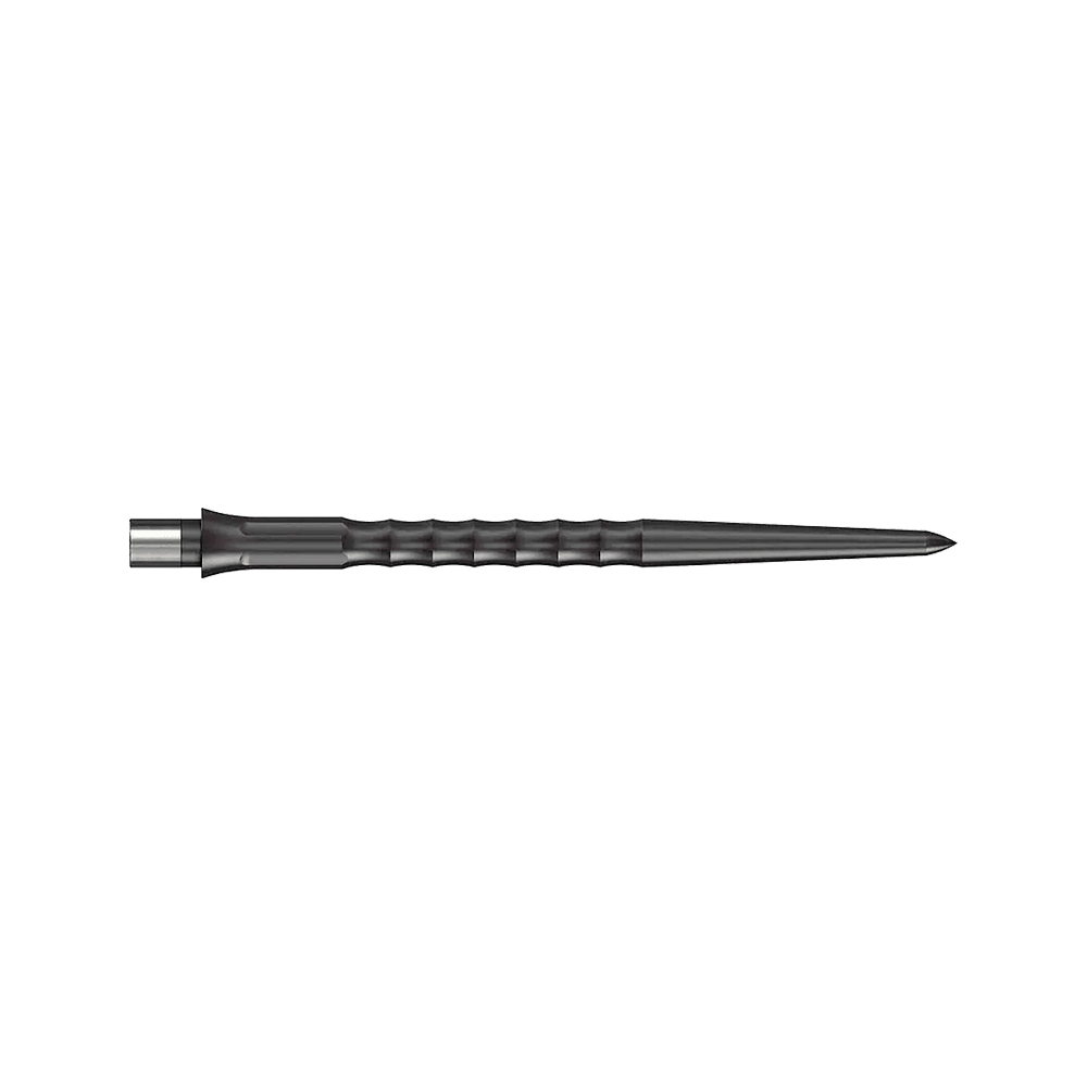 Puntas Steeldart del sistema Caliburn - Ondulada - Sin labio - Negras Das Bild zeigt eine schwarze Steeldartspitze mit Ripple NoLip Design, 36 mm lang. Die Spitze gehört zum Caliburn Evo System.