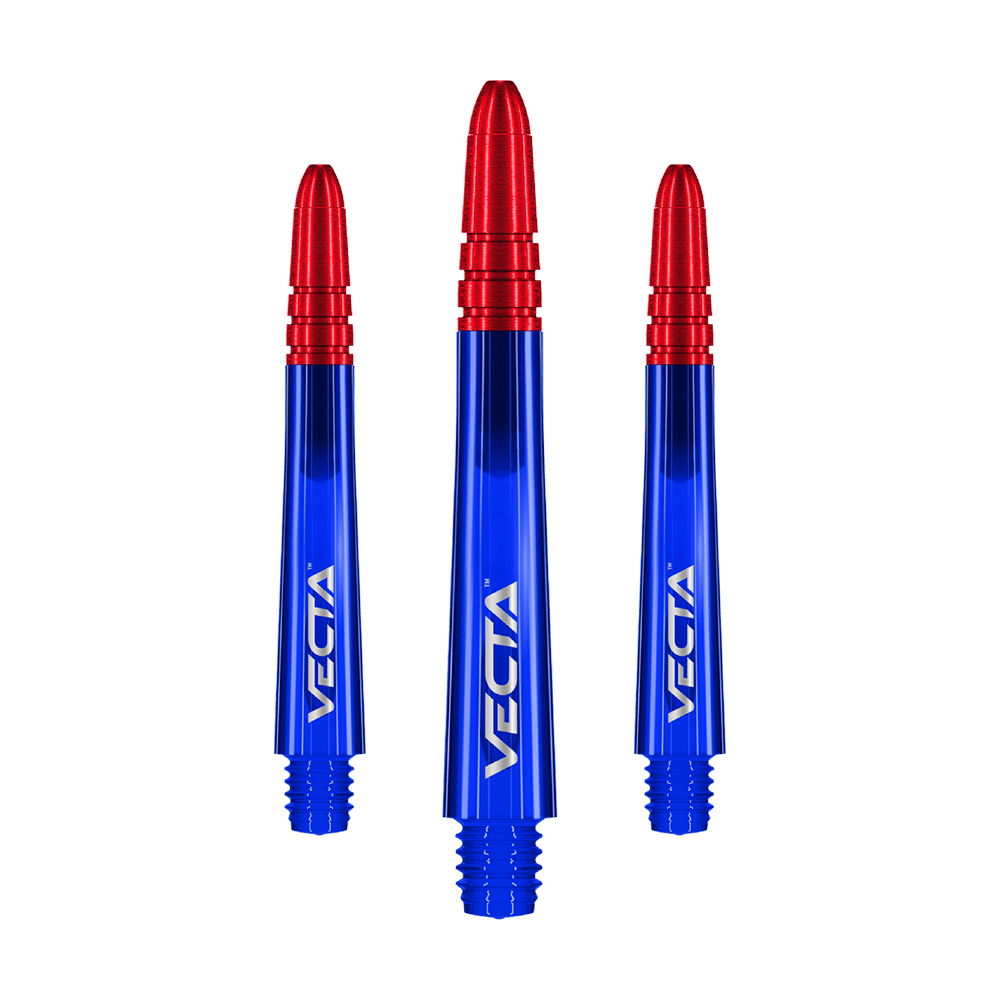 Flechas Winmau Vecta - Azul Rojo Auf dem Bild sind drei Dartschäfte in leuchtendem Blau mit roten Spitzen zu sehen. Auf jedem Schaft steht das Wort "VECTA" in weißer Schrift.