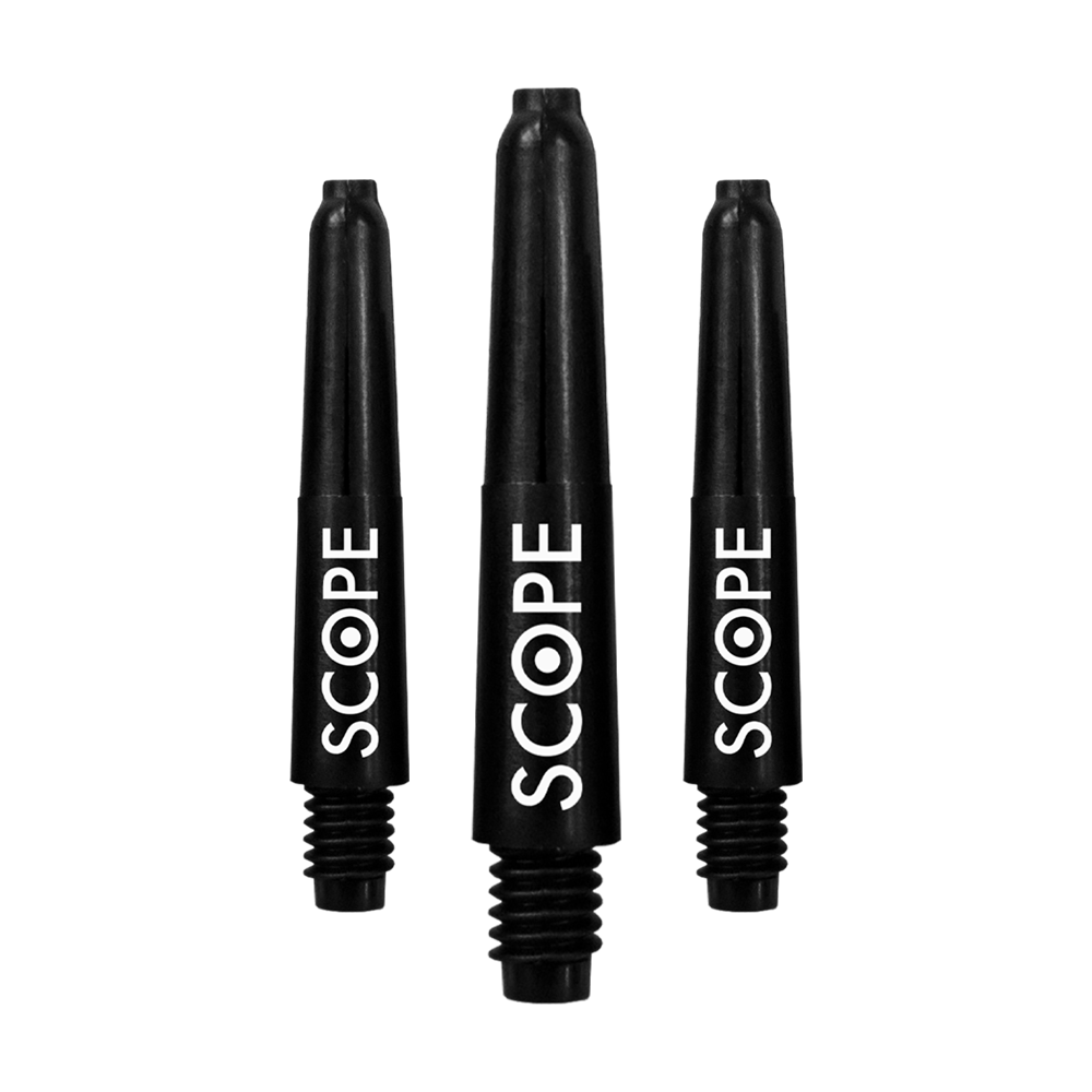 520_McDart_Scope_Nylon_Shafts_Schwarz_28mm_137xfLPXNJlWWZ Das Bild zeigt drei schwarze McDart Scope Nylon Shafts für Darts. Auf jedem Shaft steht das Wort "SCOPE" in weißer Schrift.