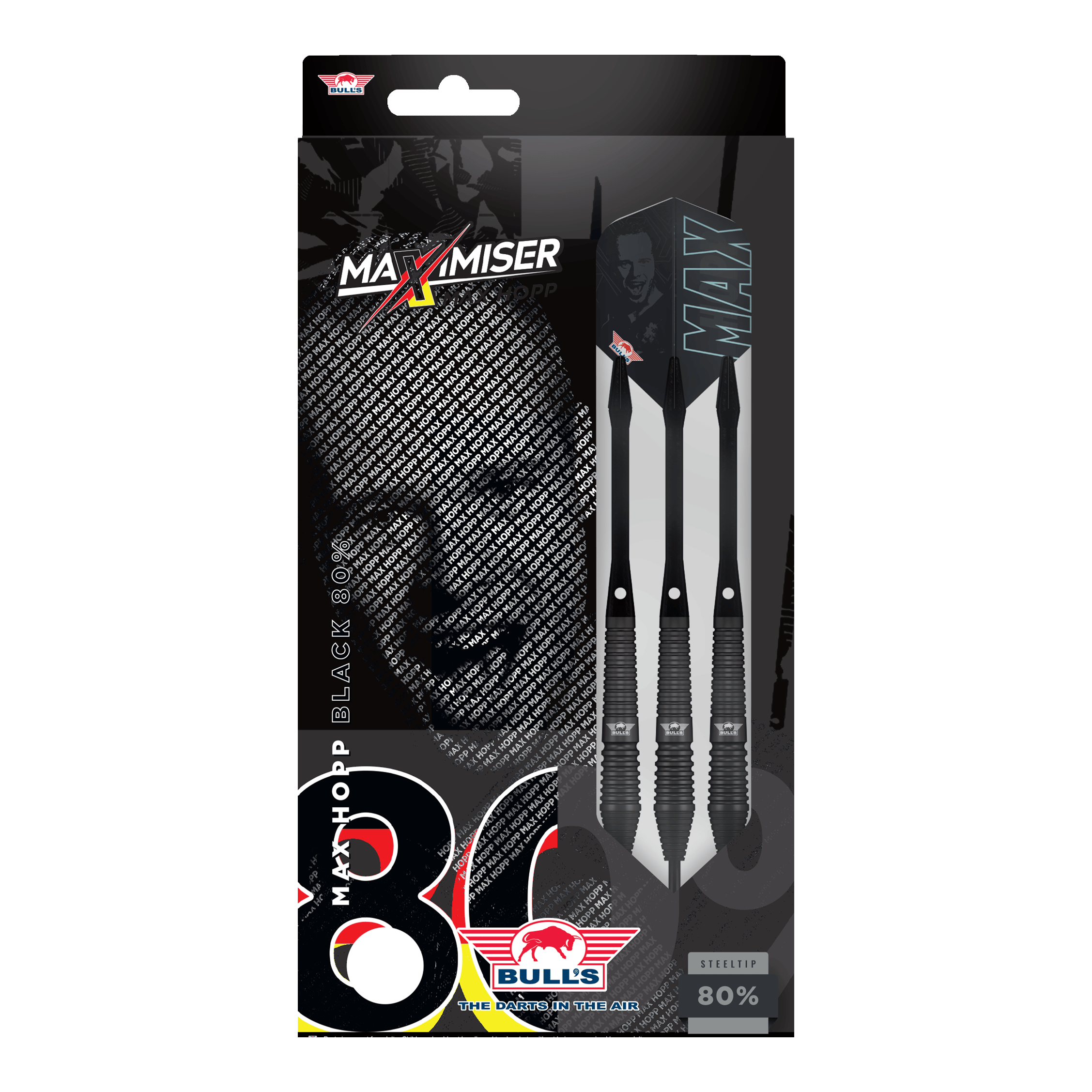 Dardos Bulls NL Max Hopp de acero negro Auf dem Bild sind Bulls NL Max Hopp Black Steeldarts zu erkennen. Die Darts werden einzeln und detailliert gezeigt.