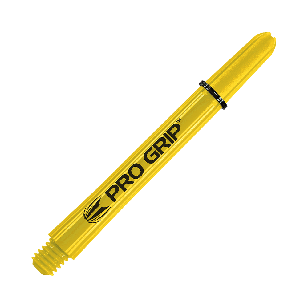 Varillas Target Pro Grip - 3 juegos - Amarillo Das Bild zeigt einen gelben Dart-Schaft mit der Aufschrift "PRO GRIP". Der Schaft hat eine Länge von 48 mm und ist für den Einsatz bei Darts geeignet.