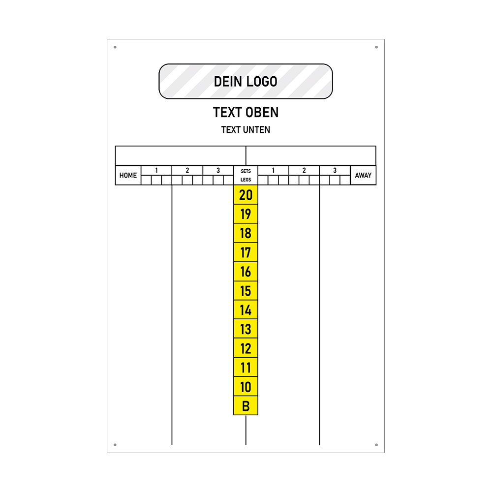 INSCORE3_Scoreboard_mit_Wunschdruck_40x60cm_Gelb_3 Das Bild zeigt ein Scoreboard mit den Maßen 40 x 60 cm, auf dem Platz für ein individuelles Logo und eigenen Text oben vorhanden ist. In der Mitte befinden sich gelbe Zahlenkärtchen von 10 bis 20 und ein "B" zur Anzeige des Spielstandes.