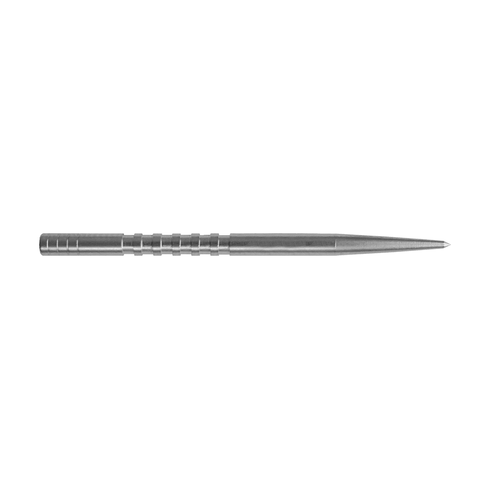 Puntas de dardo Condor Beak Point con corte Das Bild zeigt eine silberne Dartspitze mit feinen Rillen am hinteren Ende. Die Spitze ist lang und schmal geformt.