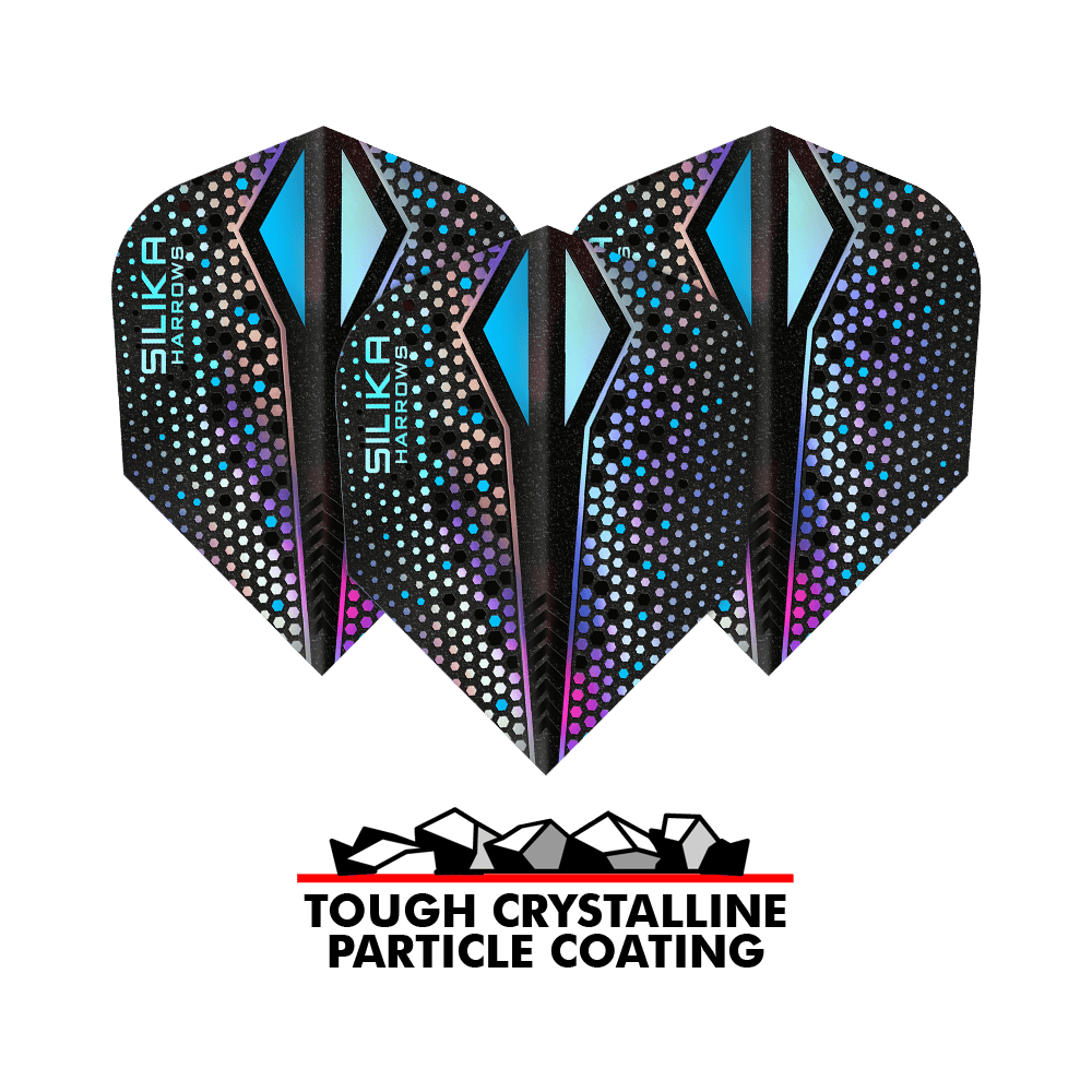 Plumas Harrows Silika Colourshift Tough Crystalline Coating Silver-X No6 Das Bild zeigt drei Harrows Silika Colourshift Tough Crystalline Coating Silver-X No6 Flights. Unten im Bild steht "TOUGH CRYSTALLINE PARTICLE COATING" mit einer Grafik von Kristallen.