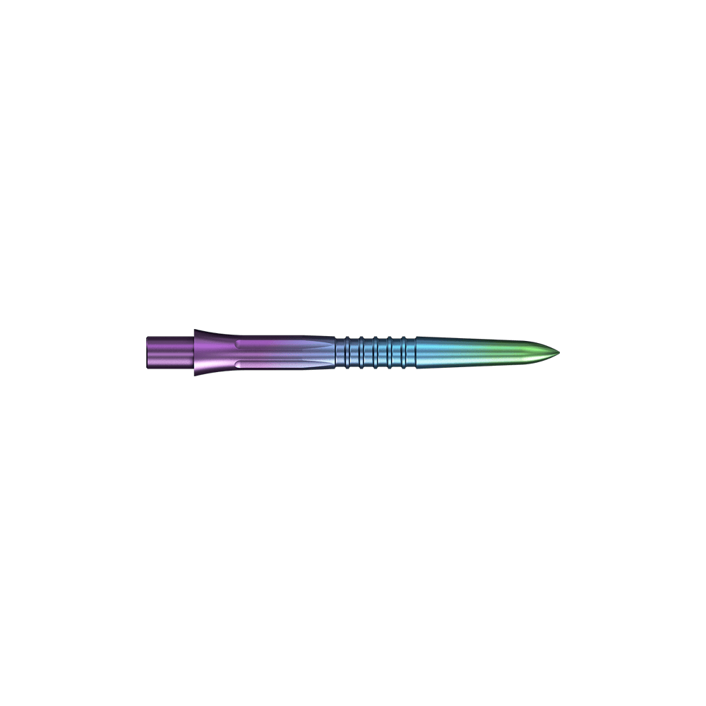 Puntas de dardos Mission Caliburn EVO GV1 - Arcoíris Eine bunte Steeldartspitze mit Rainbow-Finish wird dargestellt. Die Spitze ist schlank und schimmert in mehreren Farben.