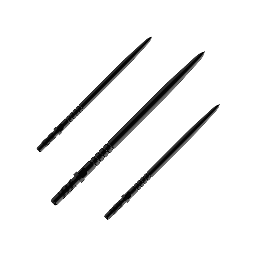 Auf dem Bild sind mehrere Dartspitzen zu sehen. Es handelt sich um ein Set BullsNL Convertible Points mit Ringed Grip in Schwarz und 40mm Länge.
