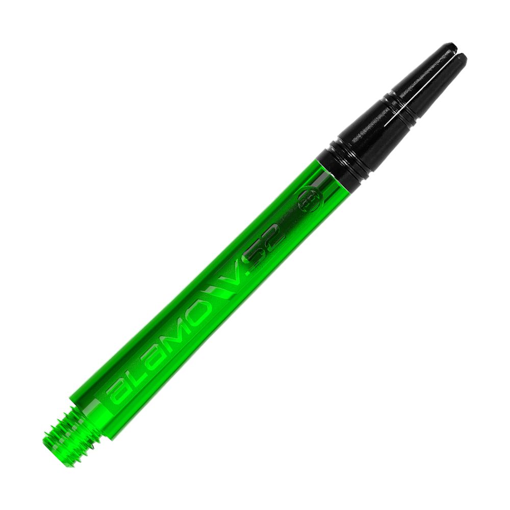 Varillas Harrows Alamo VS2 - Verde Dies ist ein grüner Dart-Schaft mit der Aufschrift "ALAMO VS2". Er hat ein schwarzes Gewindeende und misst 46 mm.