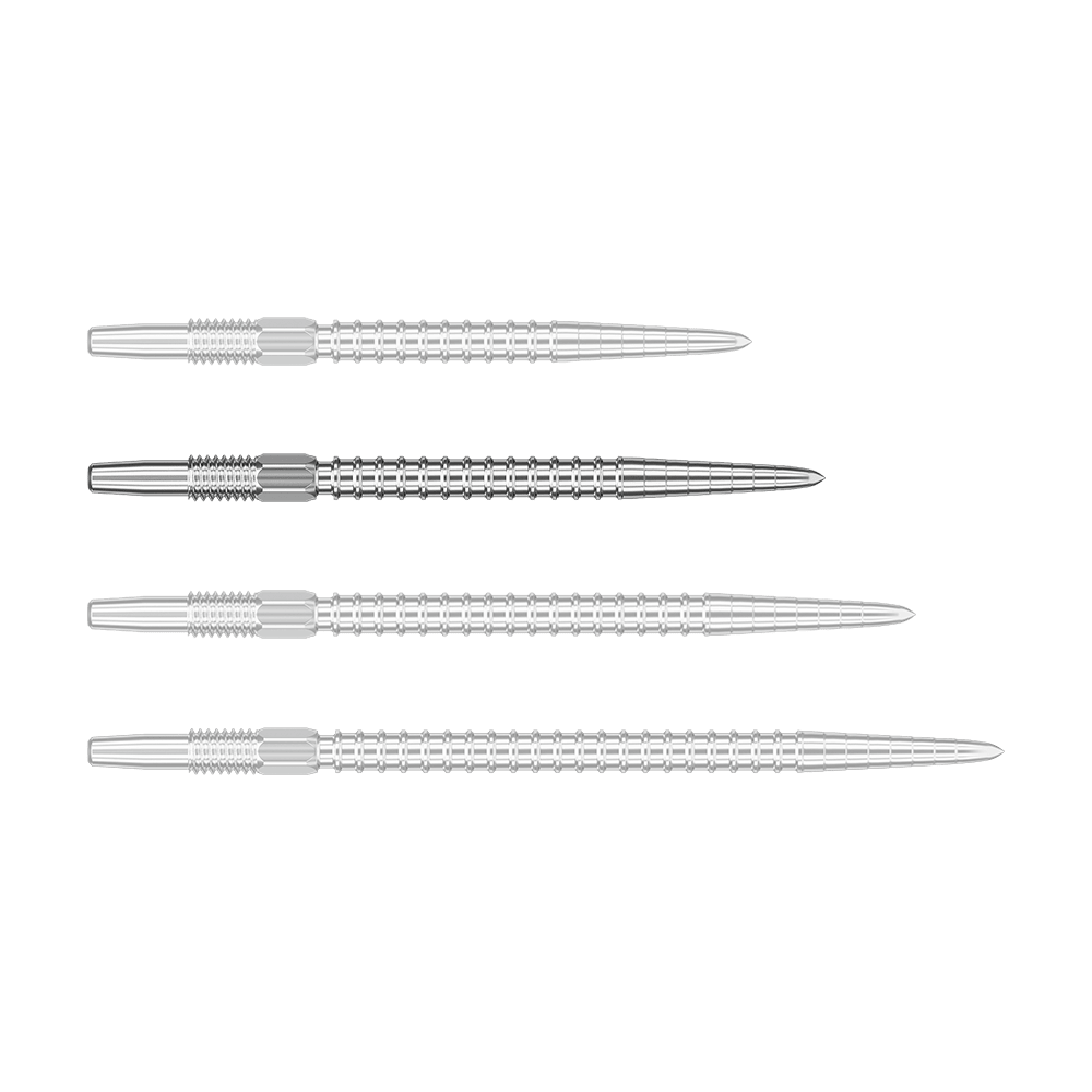 Puntas de dardos Target Swiss Point Chrono - Plateadas Das Bild zeigt vier silberne Dartspitzen in einer Reihe. Die Spitzen sind aus Metall und haben ein geriffeltes Muster.