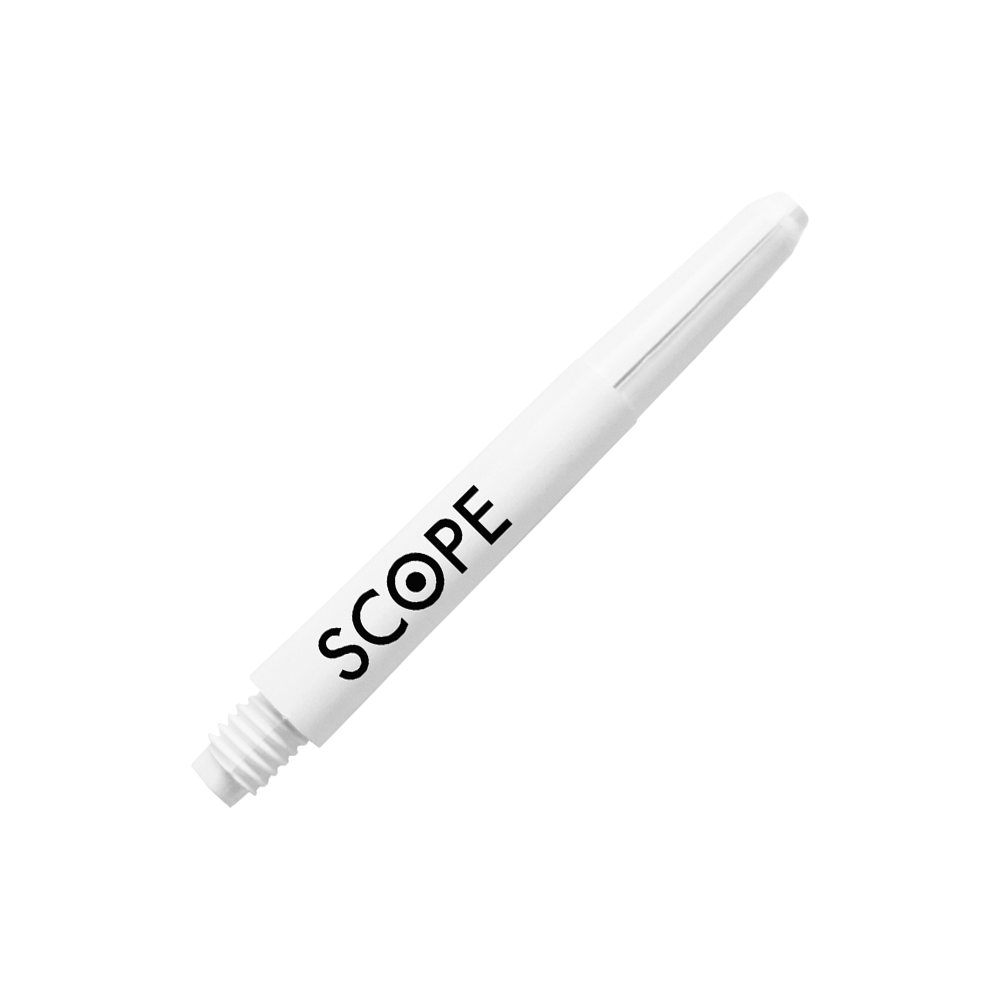 526_McDart_Scope_Nylon_Shafts_Weiss_41mm_2 Das Bild zeigt einen weißen McDart Scope Nylon Shaft. Auf dem Shaft steht das Wort "SCOPE" mit einem Zielscheiben-Symbol im Buchstaben "O".
