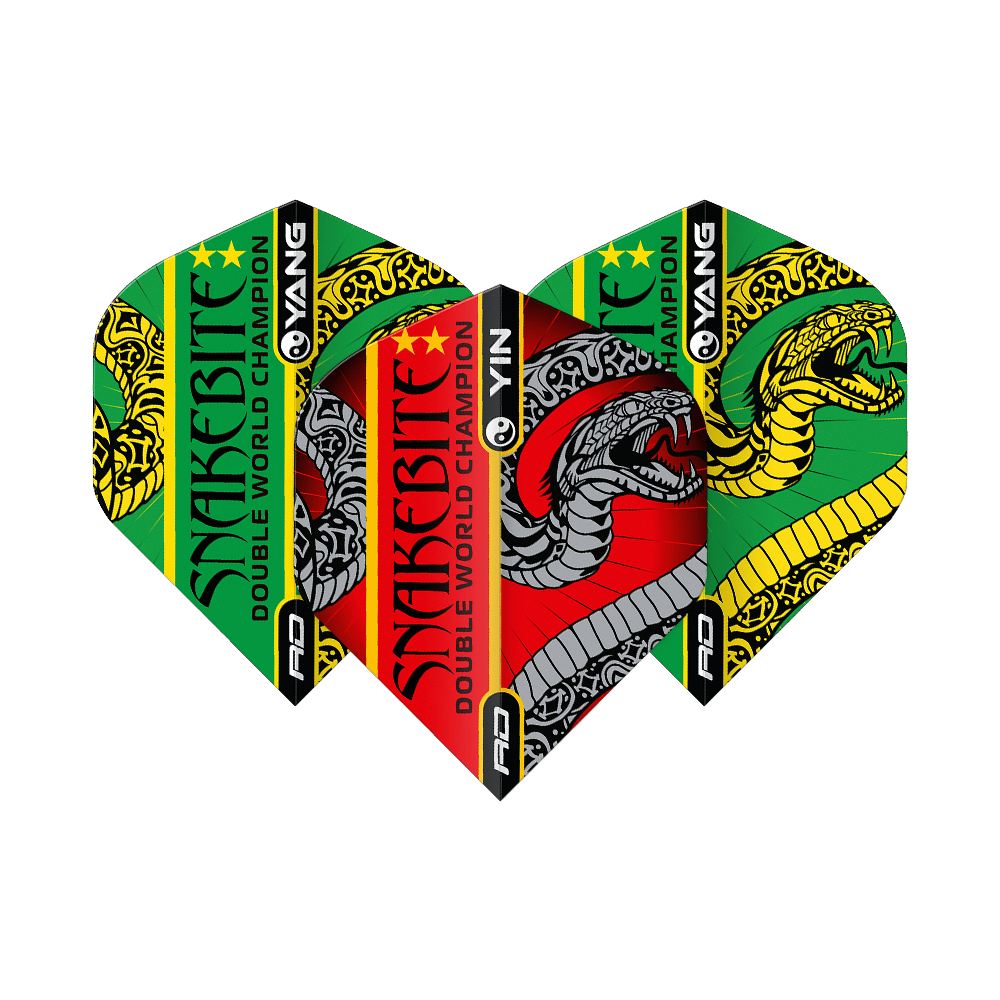 Vuelos estándar Red Dragon Peter Wright Snakebite Red Green Yin Yang Das Bild zeigt drei Dartflights mit bunten Farben und auffälligem Schlangen-Design. Auf den Flights steht "Snakebite Double World Champion" und sie sind in Rot, Grün, Gelb und Schwarz gestaltet.