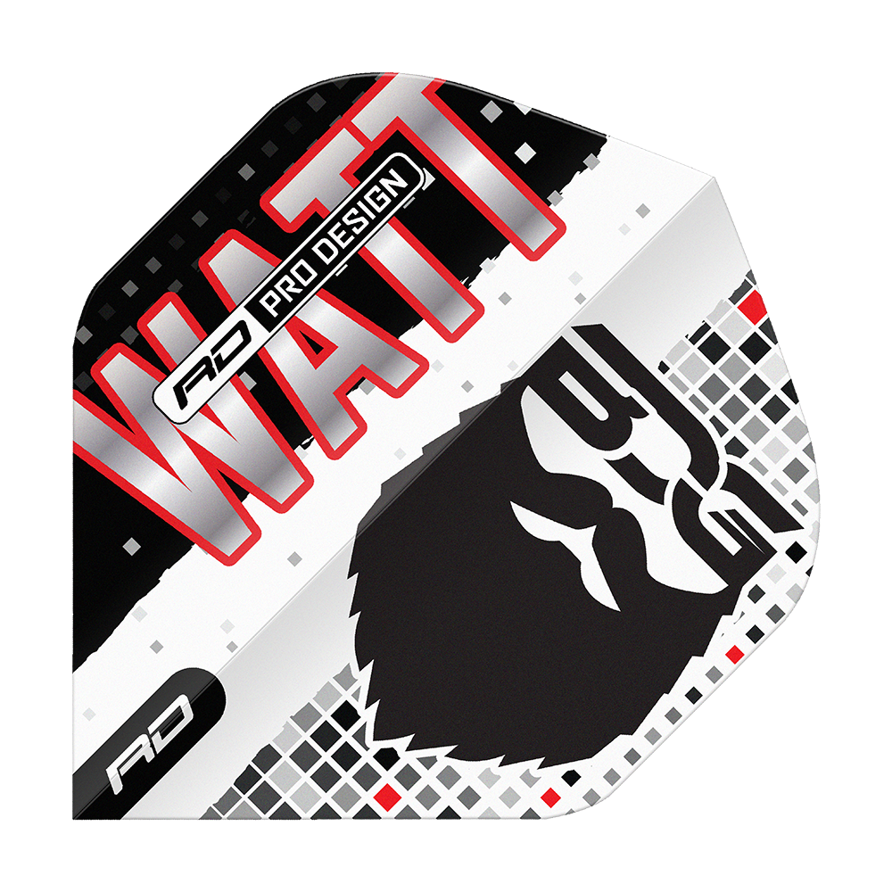 Red Dragon Hardcore Jason Watt BDG Premium No2 Vuelos Estándar Das Bild zeigt das Produkt "Red Dragon Hardcore Jason Watt BDG Premium No2 Standard Flights". Auf dem Flight sind der Name "WATT", ein stilisiertes Gesicht und das Logo "RD" zu sehen.