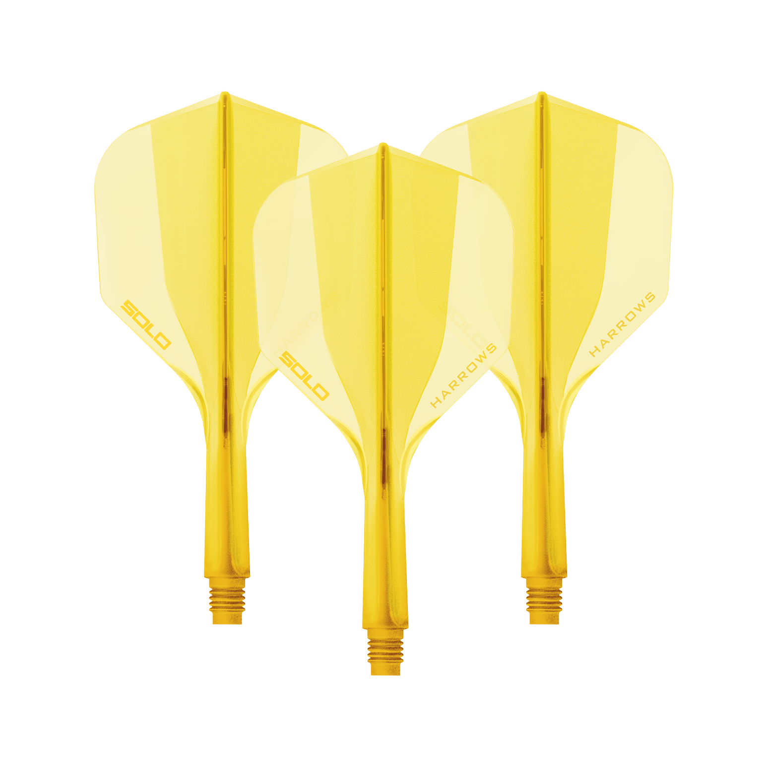 Sistema de eje de vuelo Harrows Solo No6 - Amarillo Ein gelbes Harrows Solo No6 Flight Shaft System, 20mm lang. Das Bild zeigt ein Dart Shaft Set in leuchtendem Gelb.