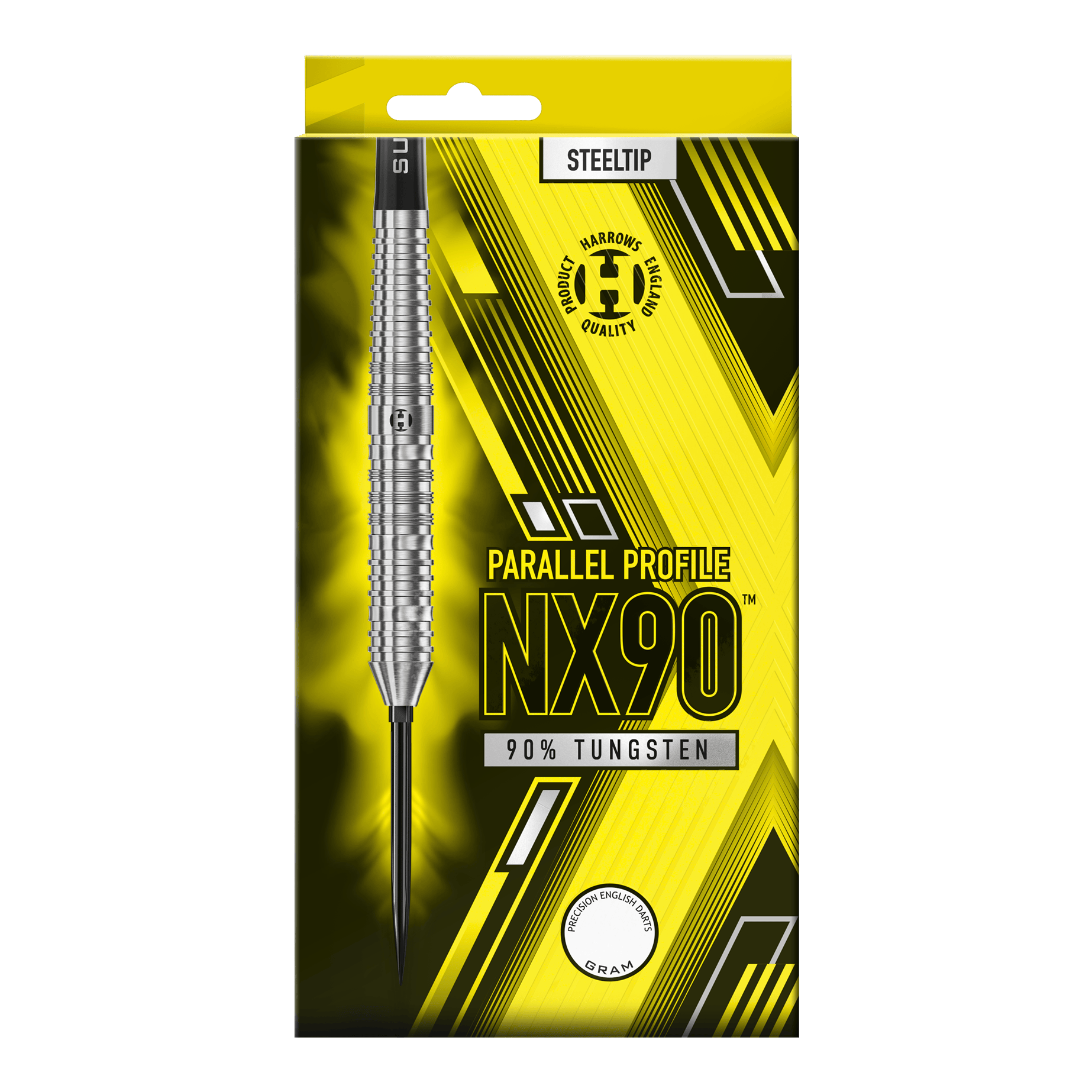 Dardos de acero de punta rápida paralela Harrows NX90 Das Bild präsentiert die Harrows NX90 Parallel Quick Point Steeldarts. Das Produkt ist für den Einsatz beim Steeldart geeignet.