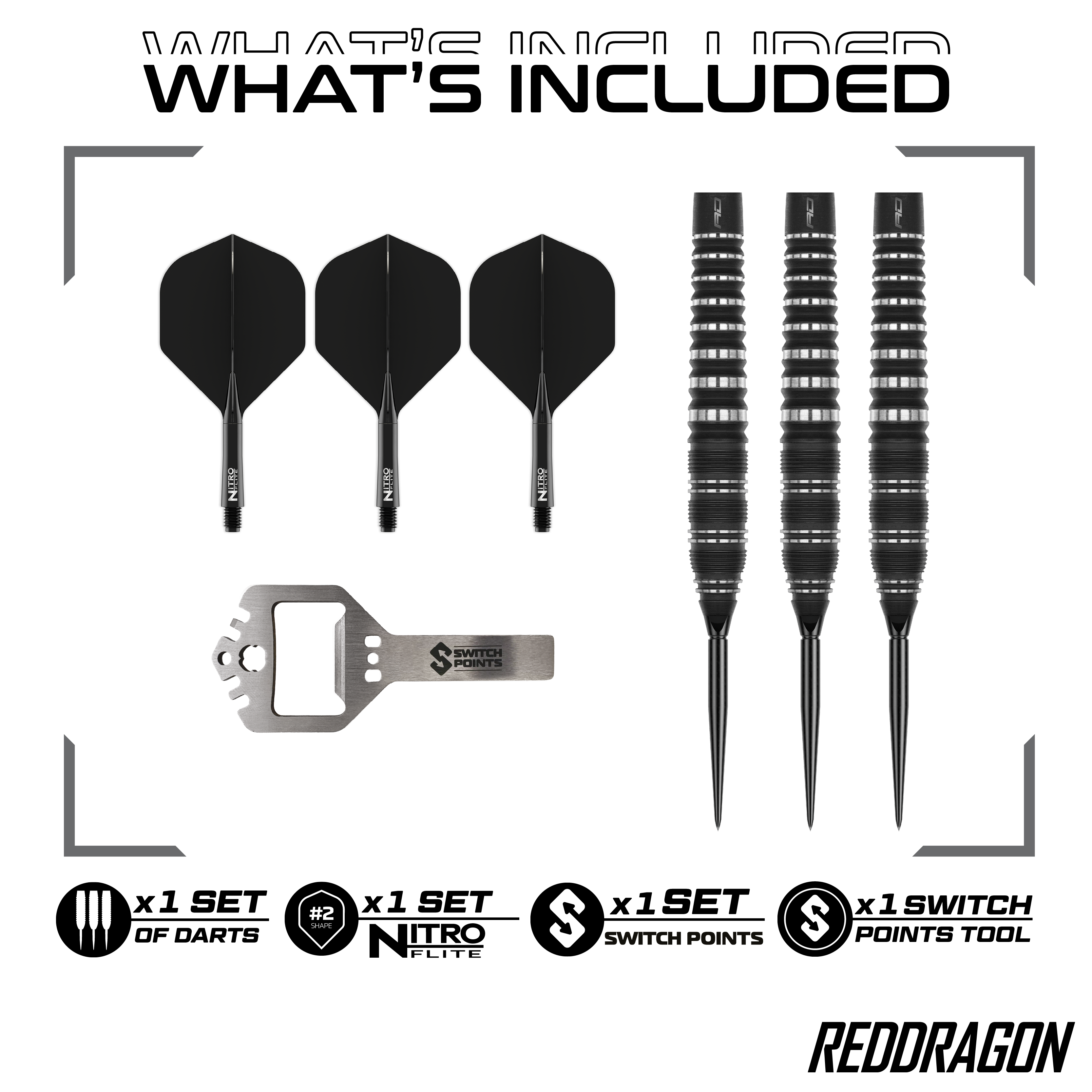 Hier sind Red Dragon Sable Torpedo Switch Point Steeldarts zu sehen. Diese Darts zeichnen sich durch ihre Torpedo-Form aus.