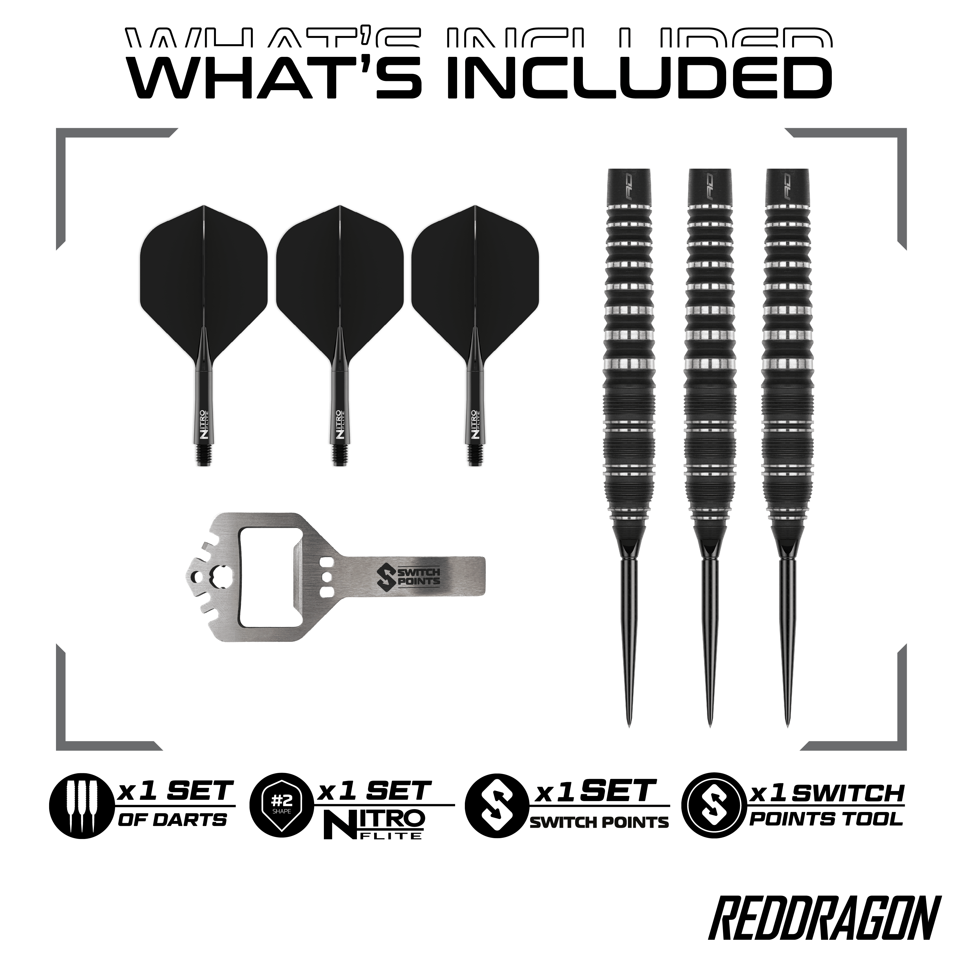 Dardos de acero Red Dragon Sable Torpedo Switch Point Hier sind Red Dragon Sable Torpedo Switch Point Steeldarts zu sehen. Diese Darts zeichnen sich durch ihre Torpedo-Form aus.