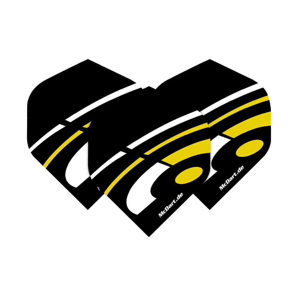 Vuelos estándar McDart ID - Amarillo Das Bild zeigt drei McDart ID Standard Flights in der Farbe Gelb. Die Flights haben ein schwarzes Design mit weißen und gelben Akzenten sowie dem Schriftzug "McDart.de".