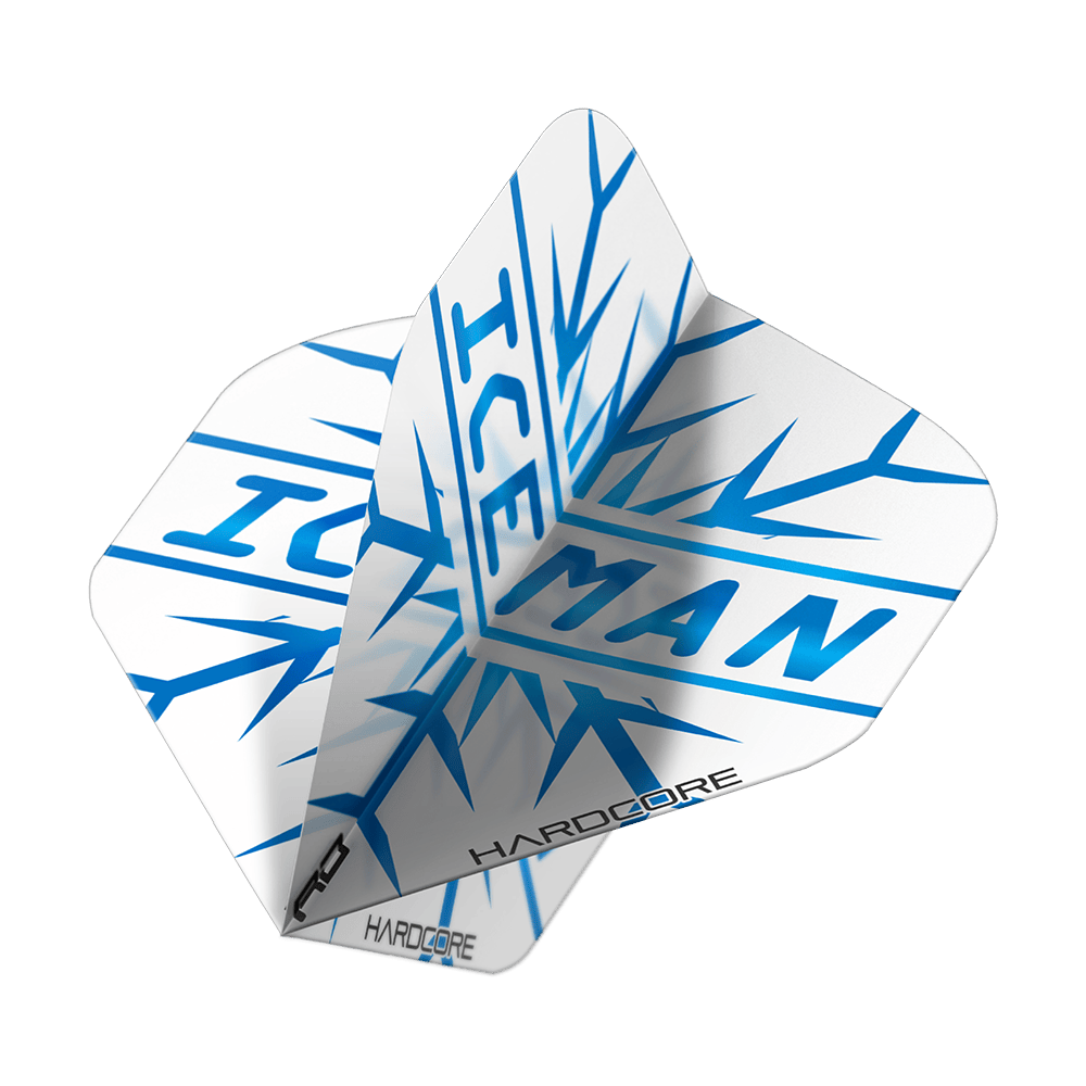 X0808_Red_Dragon_Gerwyn_Price_Hardcore_Flight_Set_2 Das Bild zeigt ein Set von Dartflights mit der Aufschrift "ICEMAN" in blau. Die Flights sind überwiegend weiß und haben ein auffälliges Eismuster-Design.