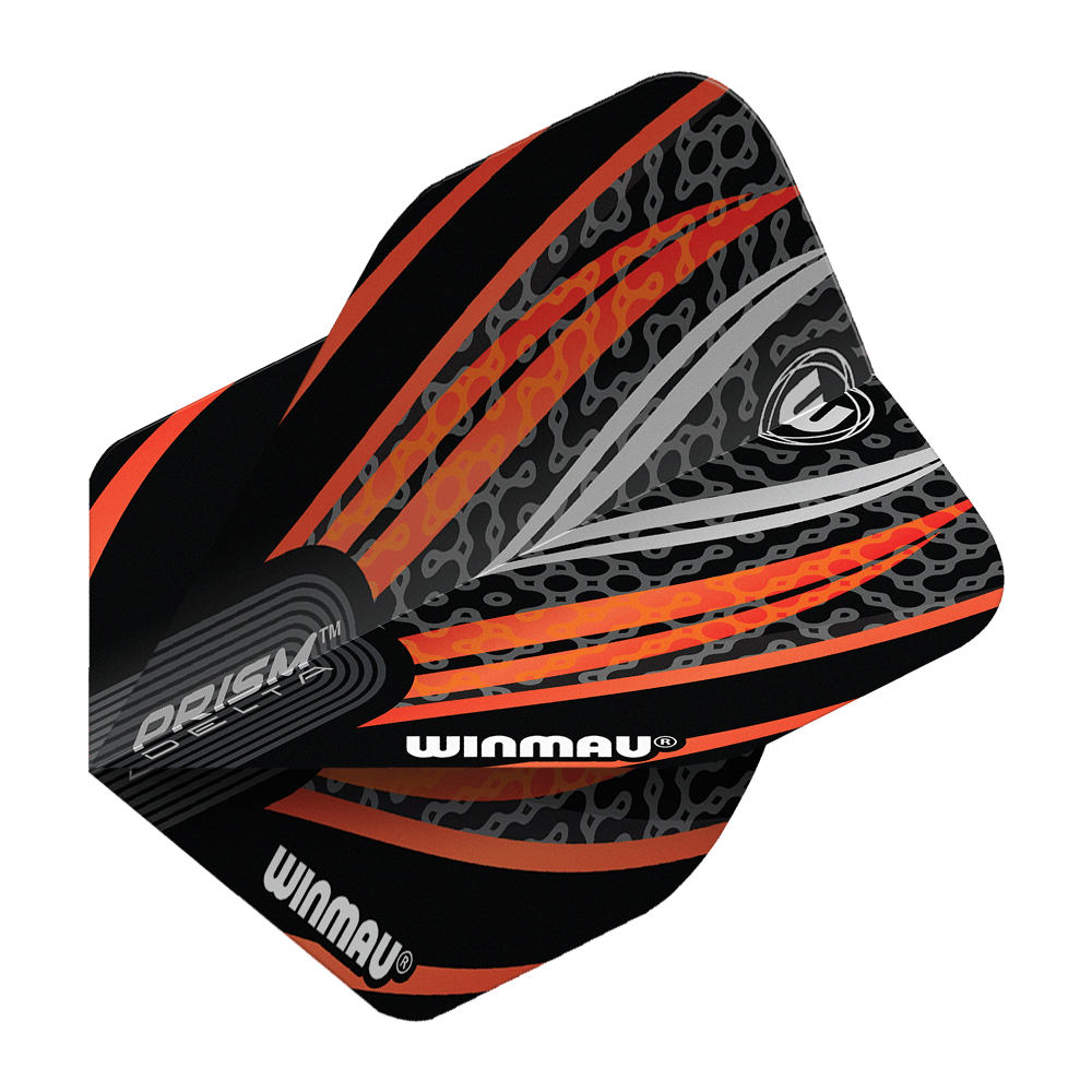 Winmau Prism Delta Negro Blanco Naranja No. 2 Vuelos Estándar Das Bild zeigt ein Winmau Prism Delta Flight in den Farben Schwarz, Weiß und Orange. Das Flight hat ein modernes, auffälliges Muster mit dem Winmau-Logo und Schriftzug.