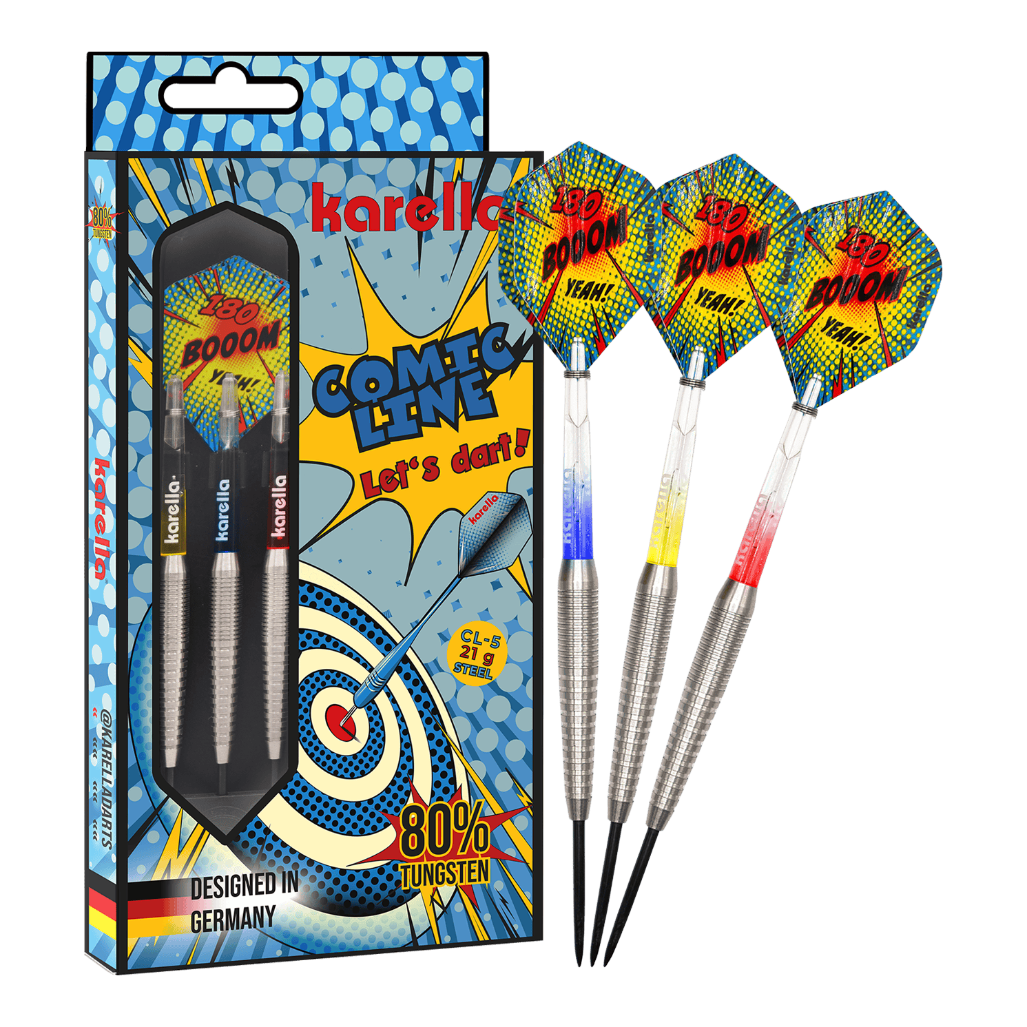 Dardos de acero Karella Comic Line CL-5 - 21 g Das Bild zeigt die Karella Comic Line CL-5 Steeldarts - 21g. Es handelt sich um ein Set moderner Steeldarts mit auffälligem Design.