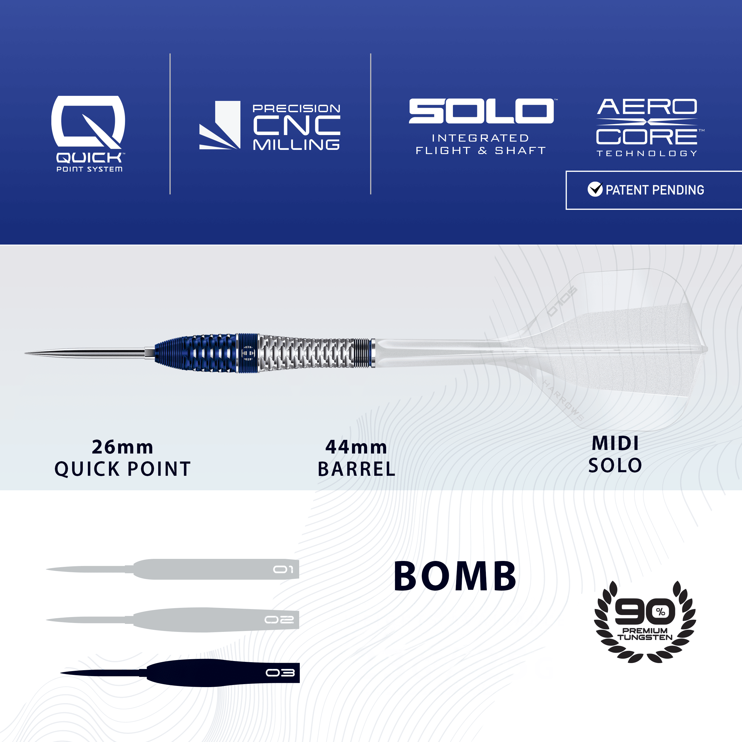 Dardos de acero Harrows GEO Bomb Quick Point Harrows GEO Bomb Quick Point Steeldarts werden dargestellt. Das Bild zeigt Design und Details dieses Dartprodukts.