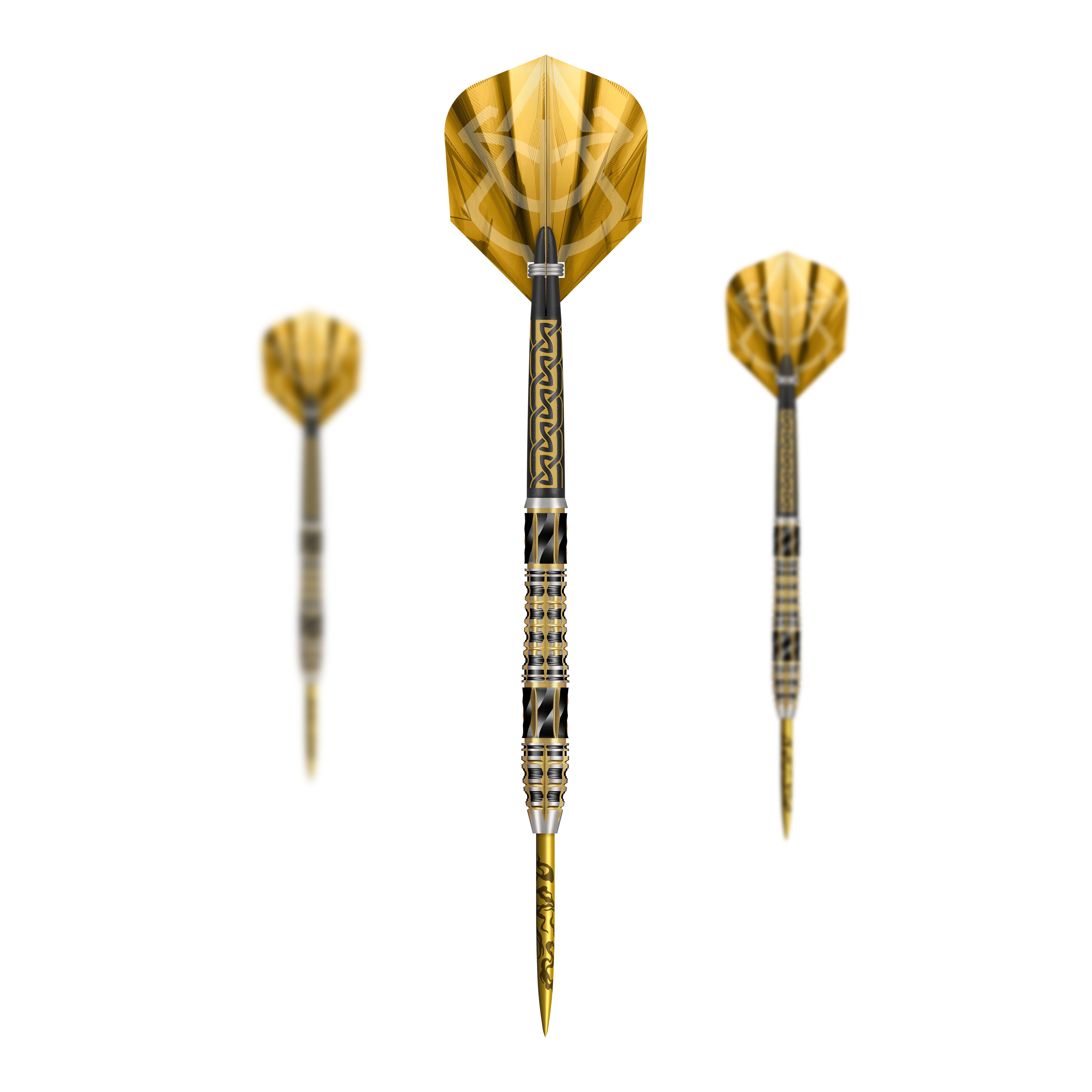 Auf dem Bild sind die Shot Alchemy Auro Steeldarts als komplettes Set abgebildet. Das Set unterstreicht die besondere Gestaltung der Steeldarts.