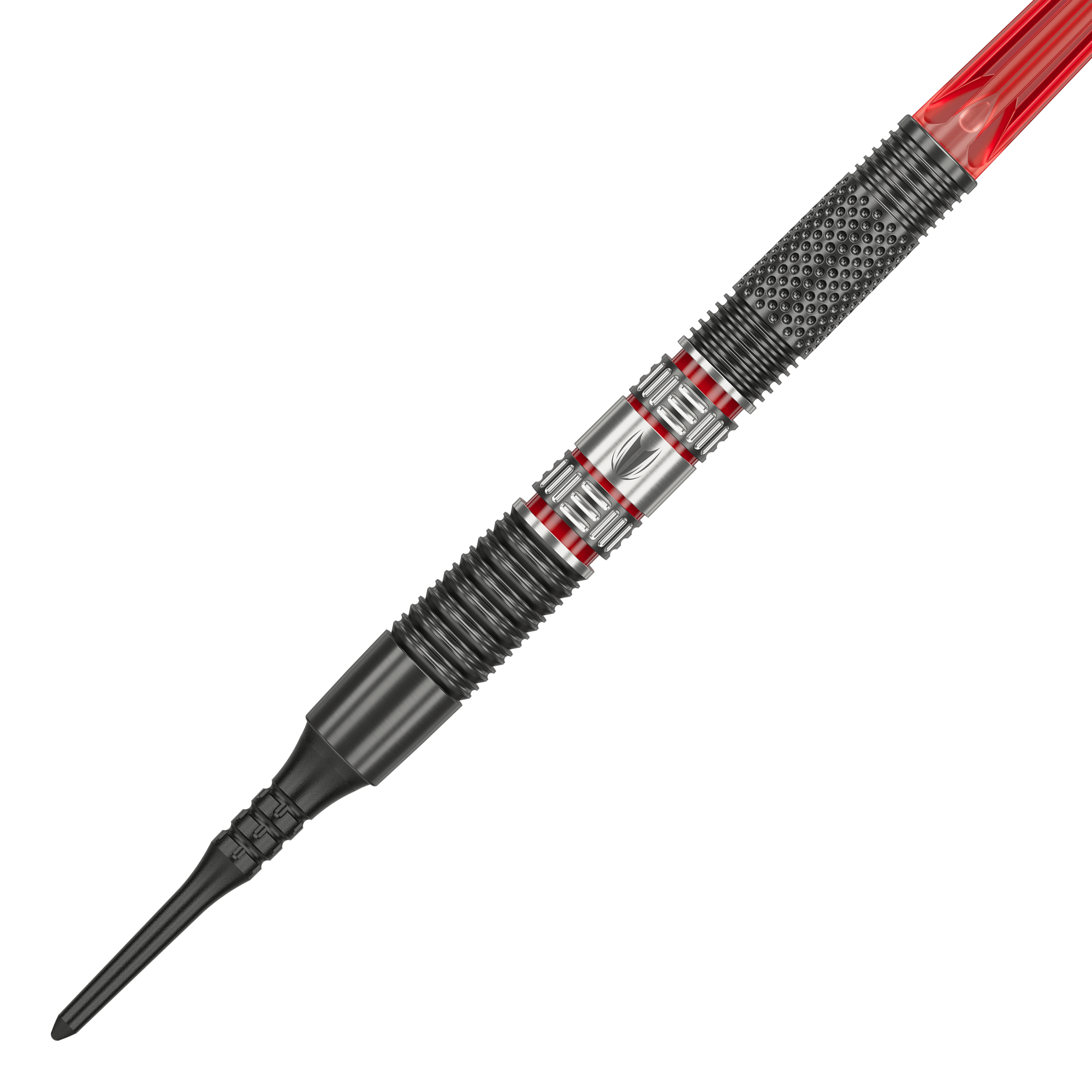 Dardos blandos Target Gabriel Clemens 95K - 19 g Das Bild zeigt einen Target Gabriel Clemens 95K Softdart mit einem Gewicht von 19 Gramm. Der Dart hat ein auffälliges Design mit silbernen, schwarzen und roten Elementen.