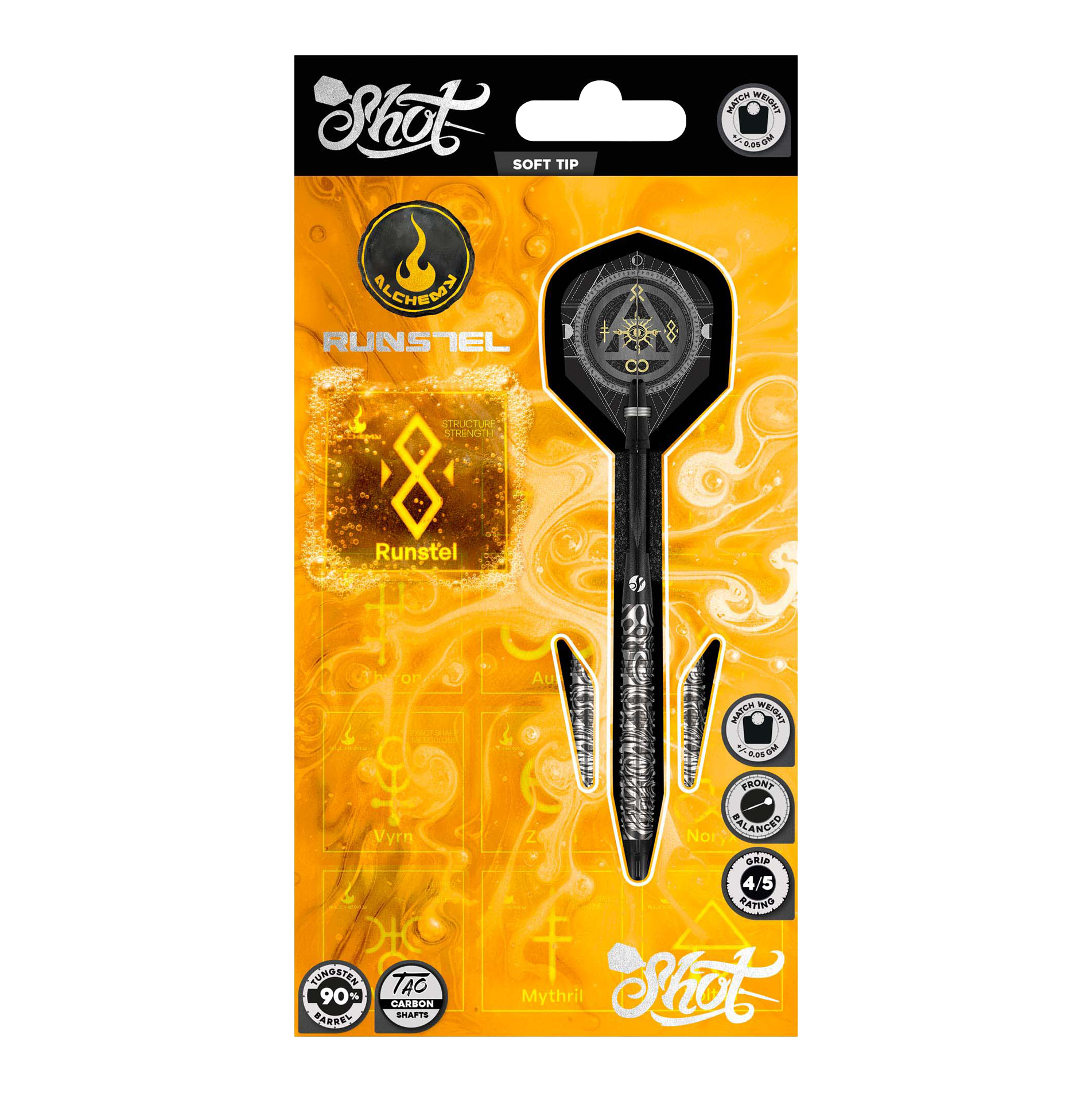 Das Foto zeigt die 20g Shot Alchemy Runstel Softdarts. Die Darts sind ideal für Spieler, die Wert auf Qualität legen.