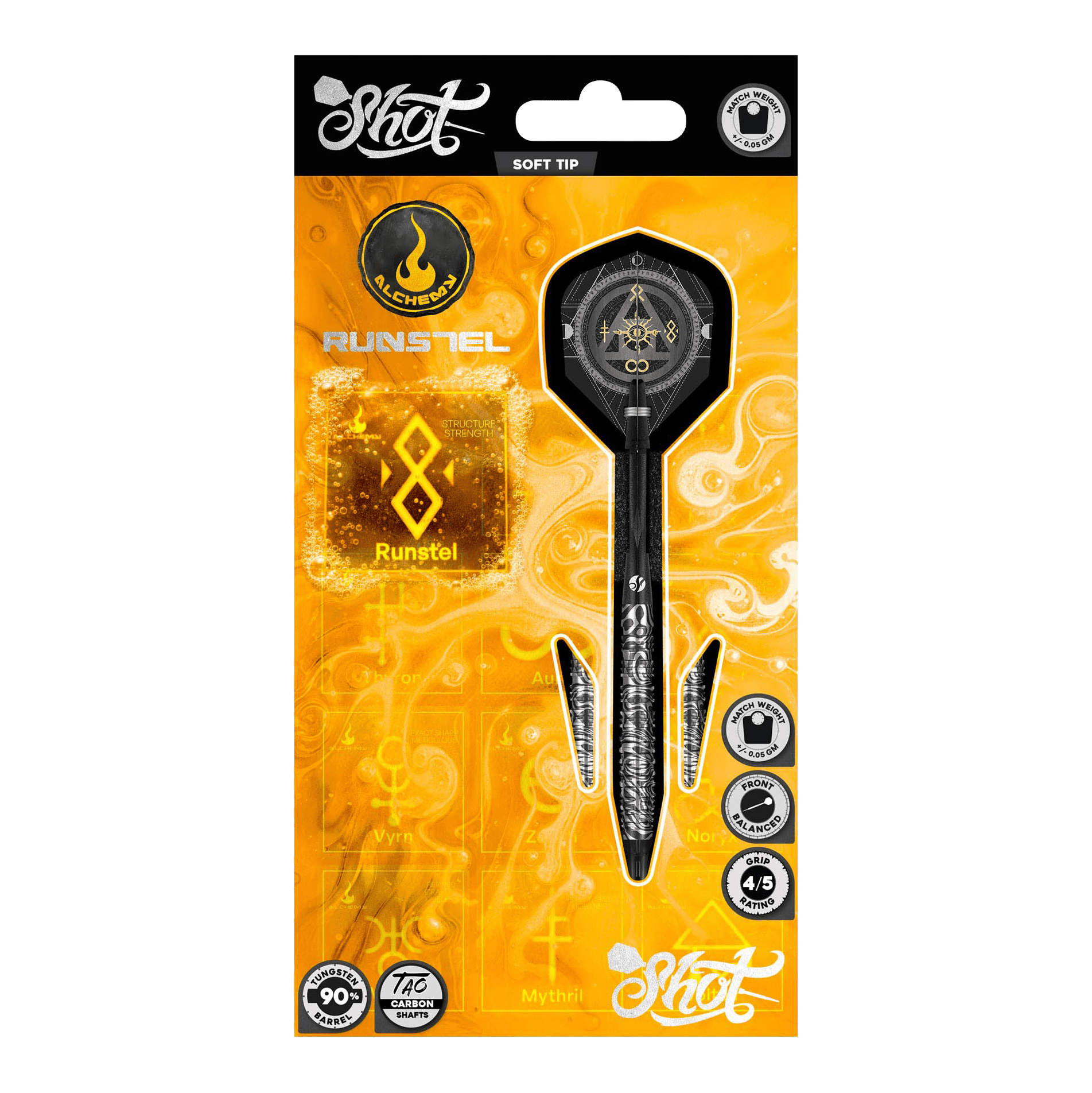 Dardos blandos Shot Alchemy Runstel - 20 g Das Foto zeigt die 20g Shot Alchemy Runstel Softdarts. Die Darts sind ideal für Spieler, die Wert auf Qualität legen.