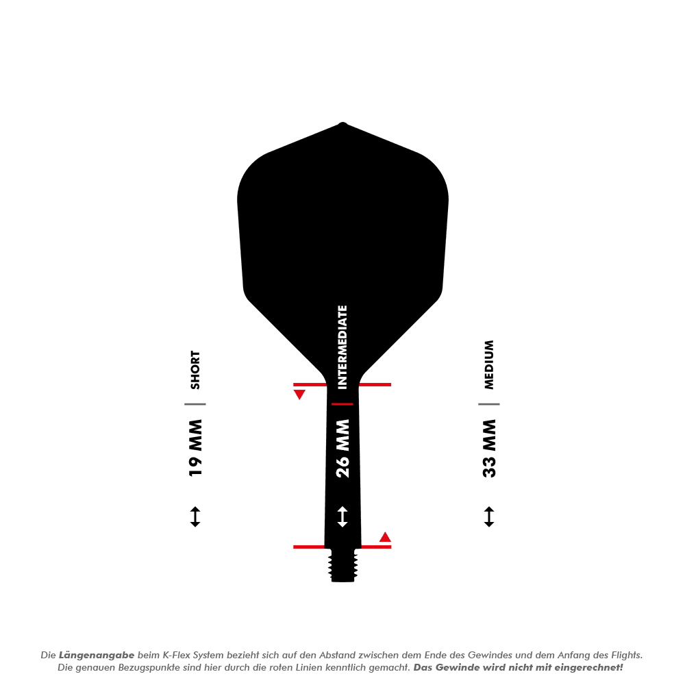 Sistema de vuelo Target K-Flex No6 - Blanco Das Bild zeigt eine Dart-Flightschafte mit Längenangaben in Millimetern. Es werden die drei Längen "Short" (19 mm), "Intermediate" (26 mm) und "Medium" (33 mm) dargestellt.