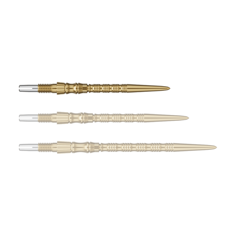 Puntas de dardo de acero Target Signature Swiss Point TRB - doradas Ein einzelner Target SwissPoint Signature TRB Dartspitze in Gold mit 30mm Länge wird gezeigt. Die Spitze ist detailliert abgebildet.