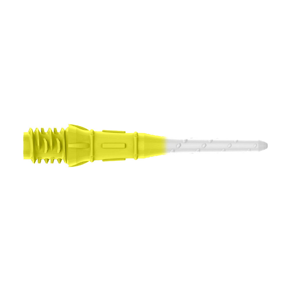 Labios de punta bicolor premium estilo L (paquete de 30) Das Bild zeigt eine zweifarbige Dartspitze mit gelbem und weißem Bereich. Der hintere Teil ist gelb, während die Spitze weiß ist.