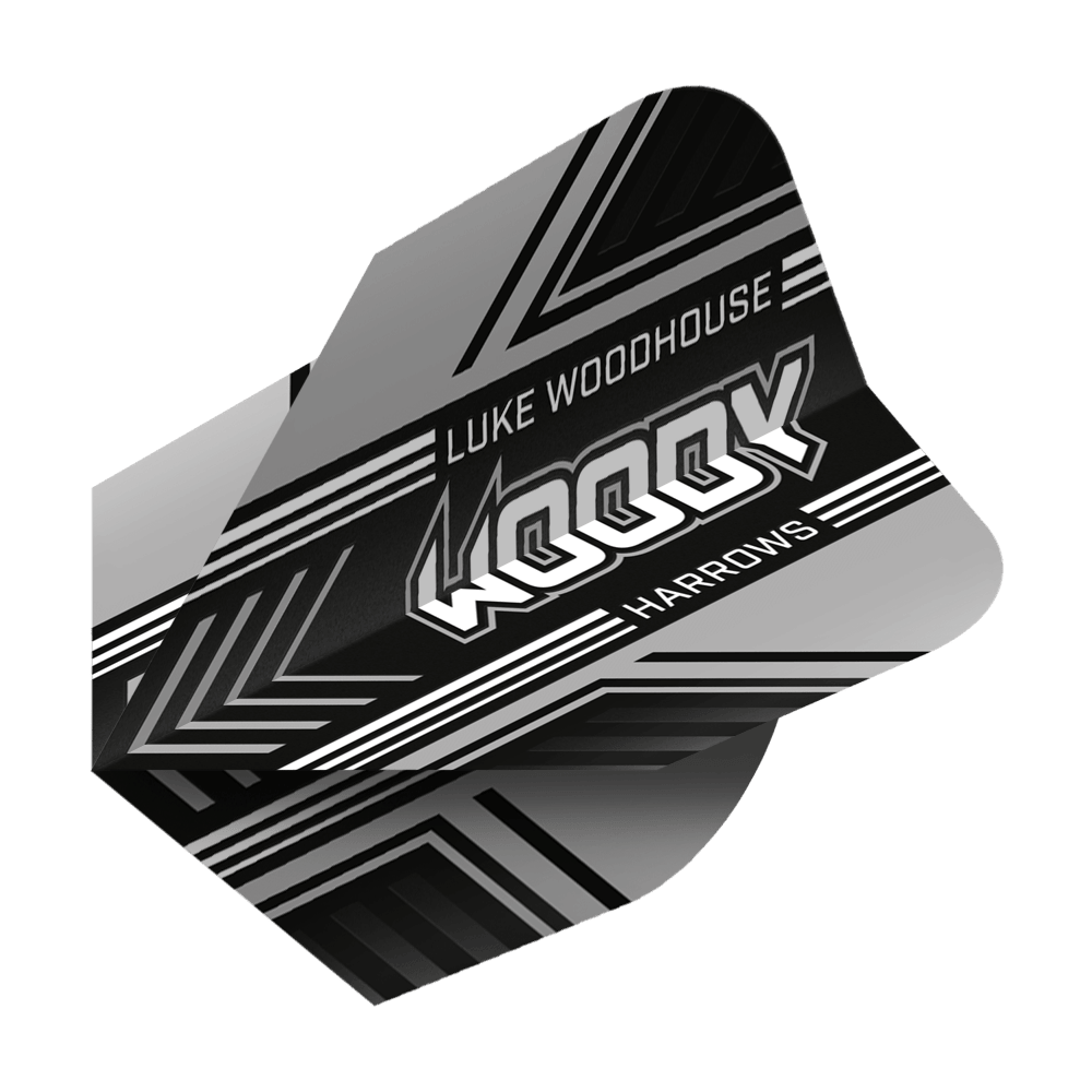 Harrows Prime Luke Woodhouse Woody No6 Vuelos Auf dem Bild ist ein schwarzer Dartflight mit weißen und grauen Mustern zu sehen. Der Flight trägt die Aufschrift "Luke Woodhouse WOODY Harrows".