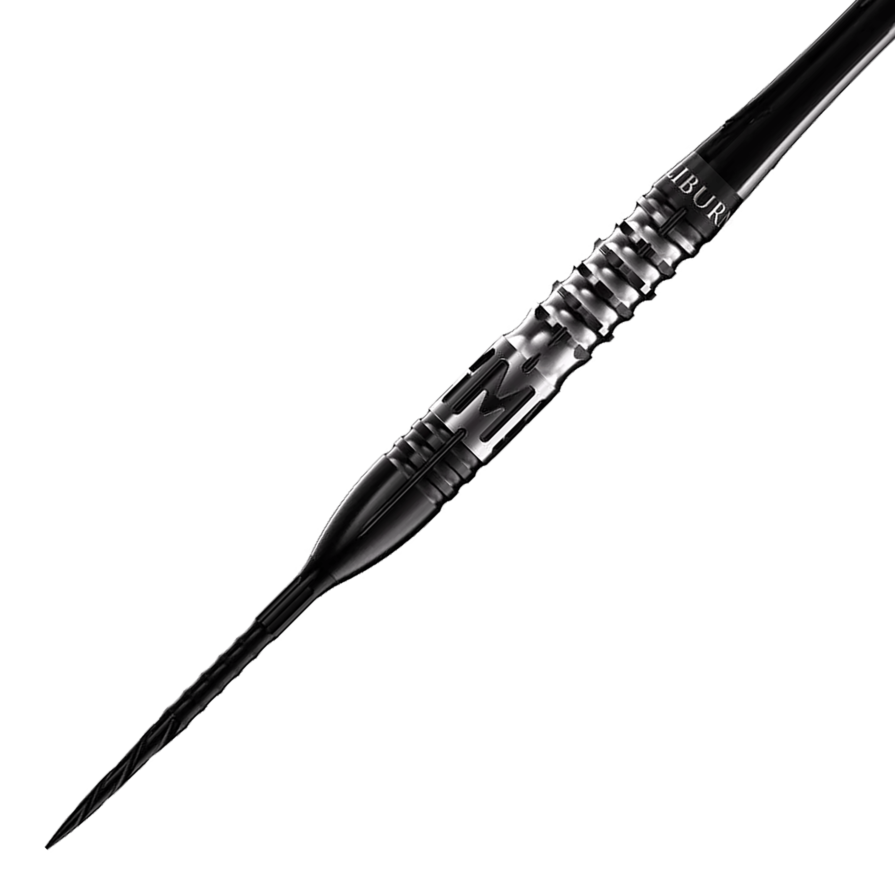 Dardos de acero Caliburn Player MAK Das Bild zeigt einen Caliburn Player MAK Steeldart mit einem Gewicht von 23,5g. Der Dart ist schwarz-silber und hat ein modernes, geriffeltes Griffdesign.
