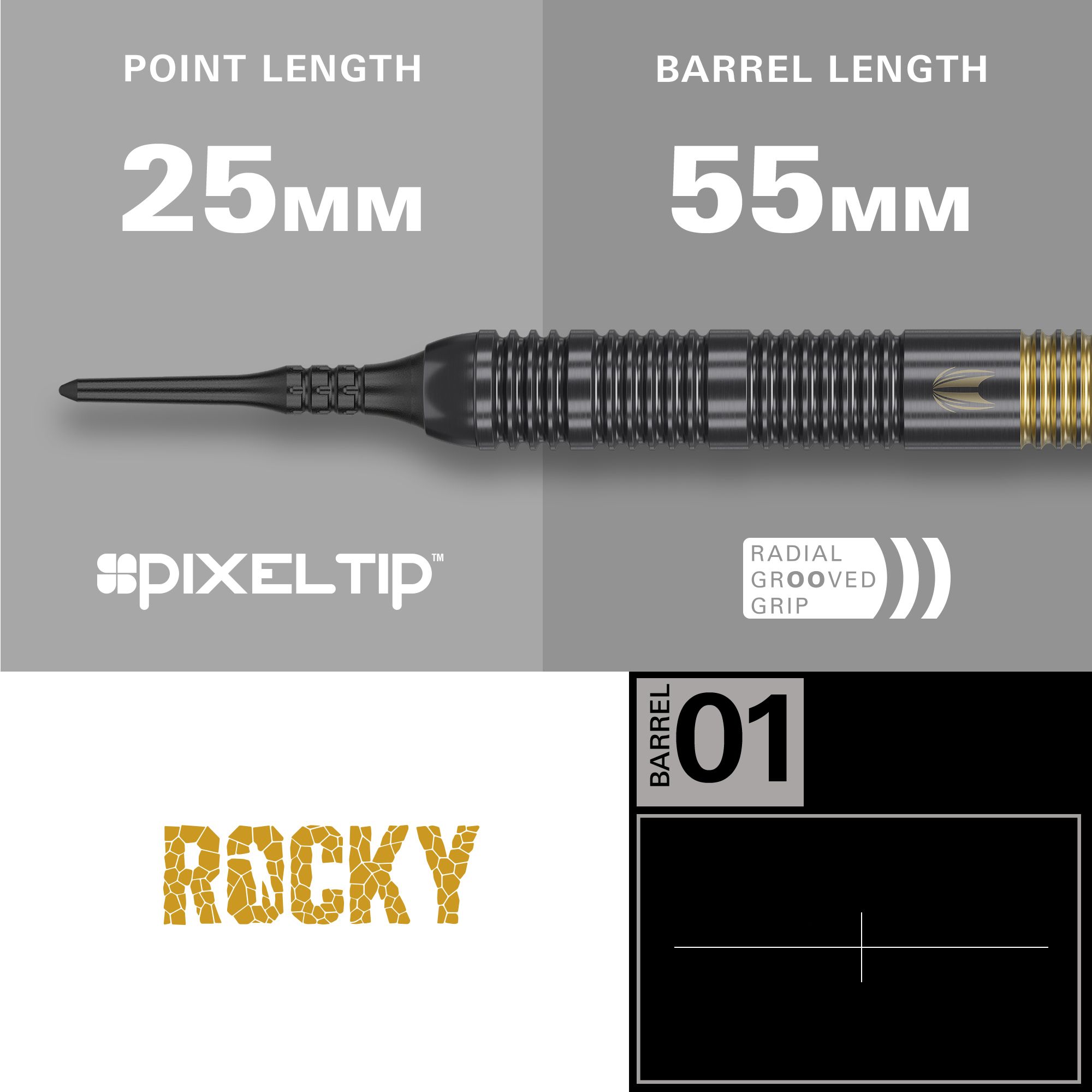 Dardos blandos Target Josh Rock Brass - 18 g Das Bild zeigt den Target Josh Rock Brass Softdart mit einer Spitzenlänge von 25 mm und einer Barrellänge von 55 mm. Der Dart hat eine Pixelspitze und einen radialen Rillengriff.