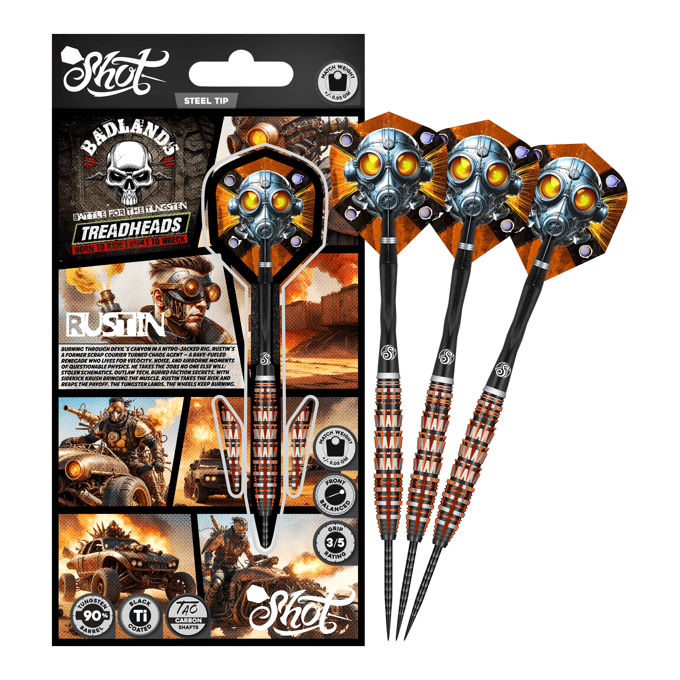 Dardos Shot Badlands Rustin de acero - 23 g Das Bild präsentiert den Shot Badlands Rustin Steeldarts - 23g. Der komplette Dartpfeil ist abgebildet.