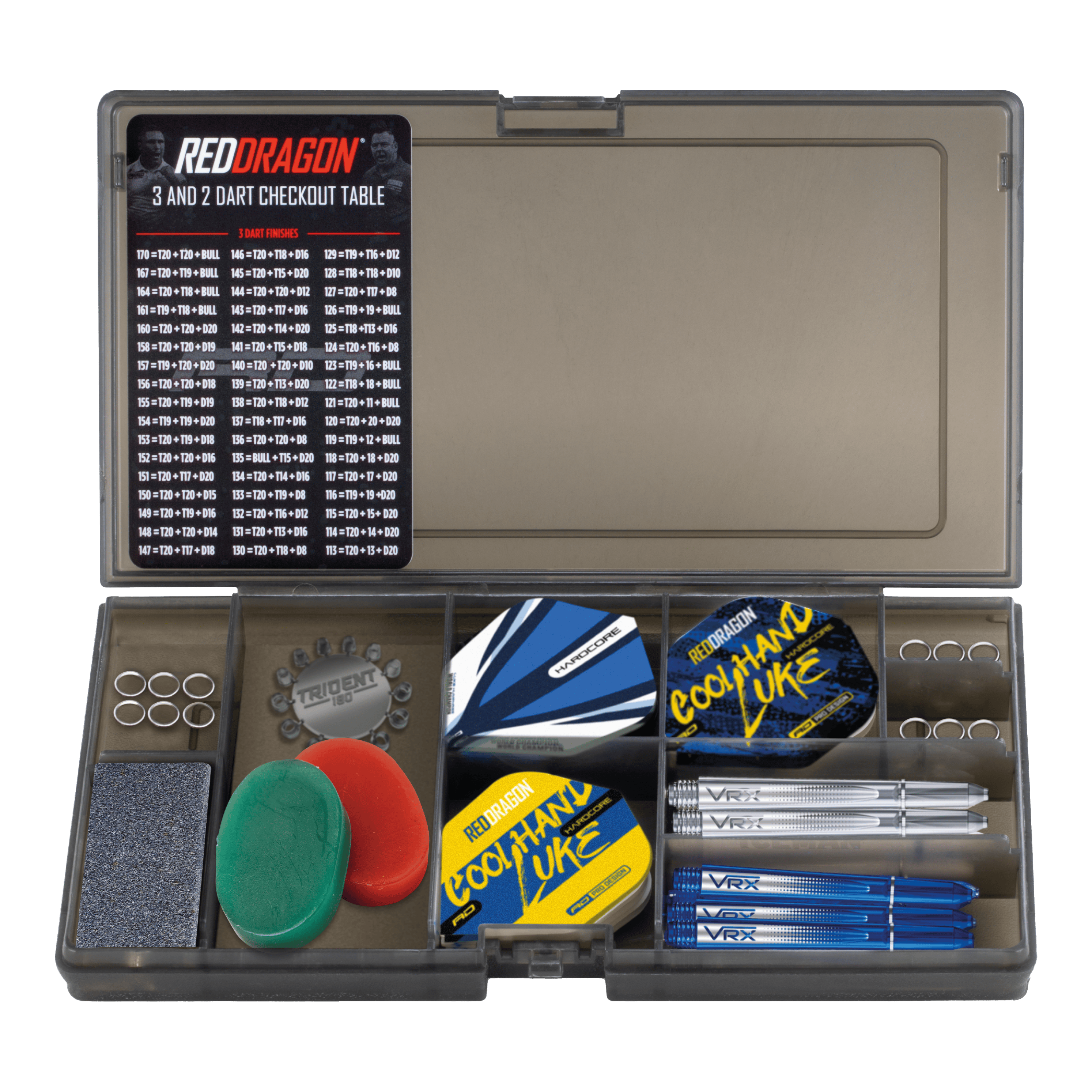 Paquete de accesorios Optima de Luke Humphries del Red Dragon Das Bild zeigt das Red Dragon Luke Humphries Optima Zubehör Pack für Darts. In der Box befinden sich Flights, Shafts, Ringe, Schleifsteine, ein Checkout-Tabelle und weiteres Dartzubehör.