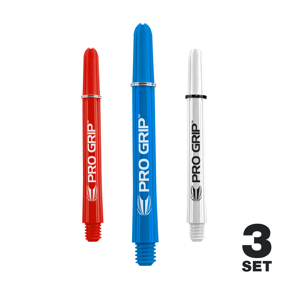 Varillas Target Pro Grip - 3 juegos - Rojo, Azul, Blanco Auf dem Bild sind drei Dart-Schäfte in den Farben Rot, Blau und Weiß zu sehen. Sie tragen die Aufschrift "PRO GRIP" und sind als 3er-Set dargestellt.