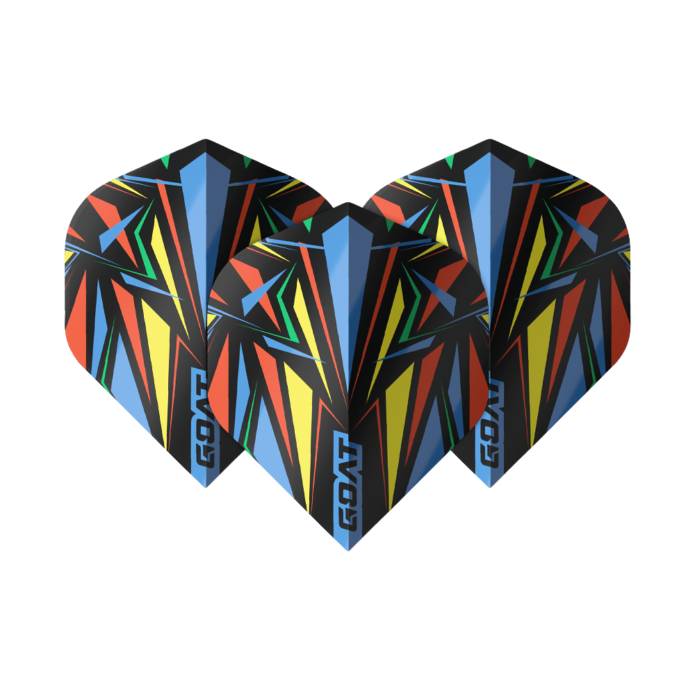 Vuelos estándar GOAT Athlete Blue No2 Das Bild zeigt drei bunte Dart-Flights mit geometrischem Muster in Blau, Gelb, Rot und Grün. Auf jedem Flight steht das Wort „GOAT“ am unteren Rand.