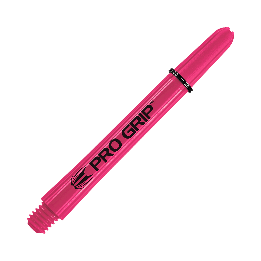 Varillas Target Pro Grip - 3 juegos - Rosa Das Bild zeigt einen pinken Pro Grip Dartshaft. Auf dem Schaft steht in schwarzer Schrift „PRO GRIP“.