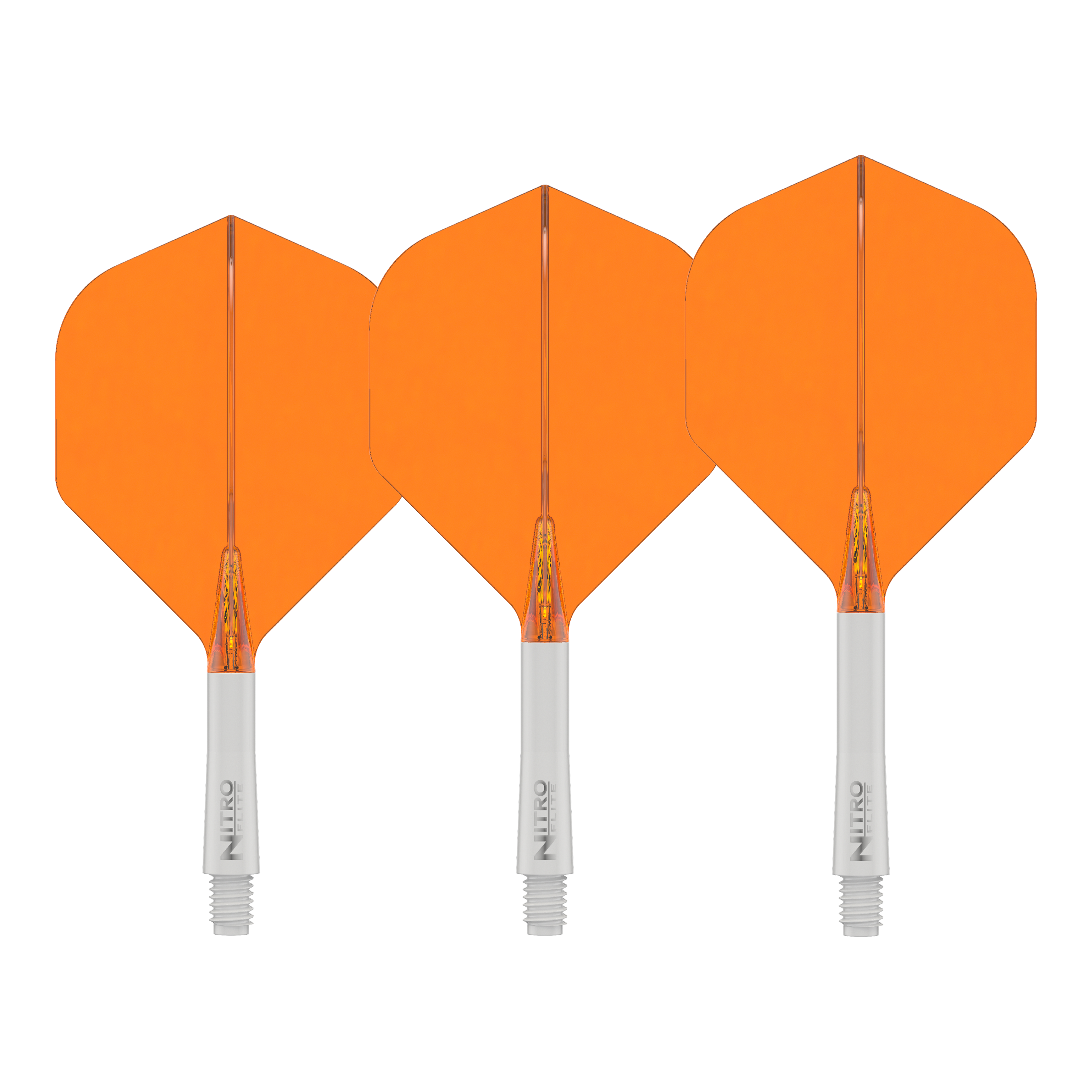 Red Dragon Nitroflite Eje blanco Vuelos naranjas No2 Das Bild zeigt das Produkt Red Dragon Nitroflite White Shaft Orange Flights No2. Es handelt sich um einen weißen Dart-Schaft mit orangefarbenen Flights.
