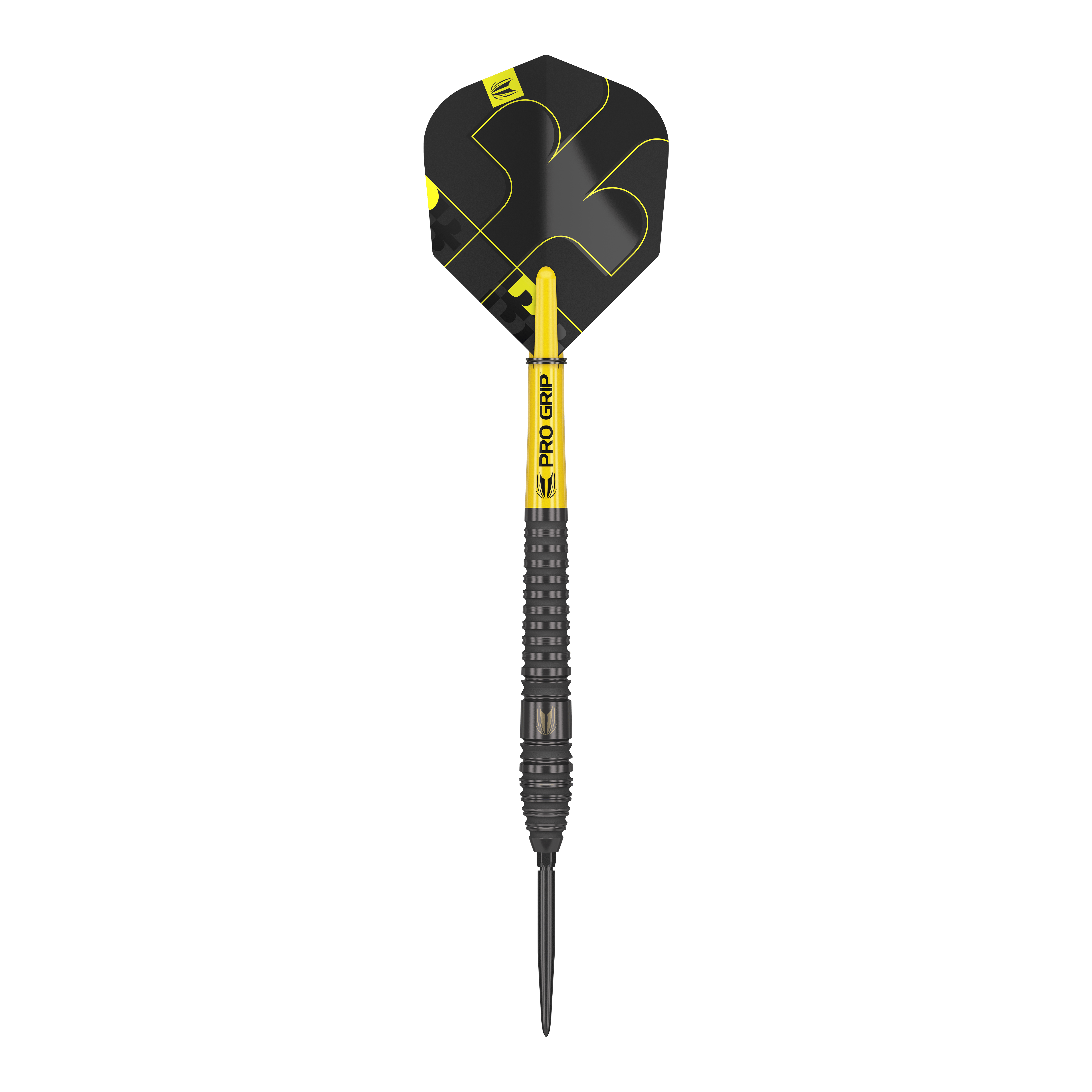 Dardos de acero Target Bolide Void 03 Swiss Point Auf dem Bild ist ein Target Bolide Void 03 Swiss Point Steeldart zu sehen. Der Dart ist schwarz mit gelben Akzenten und hat eine strukturierte Griffzone.