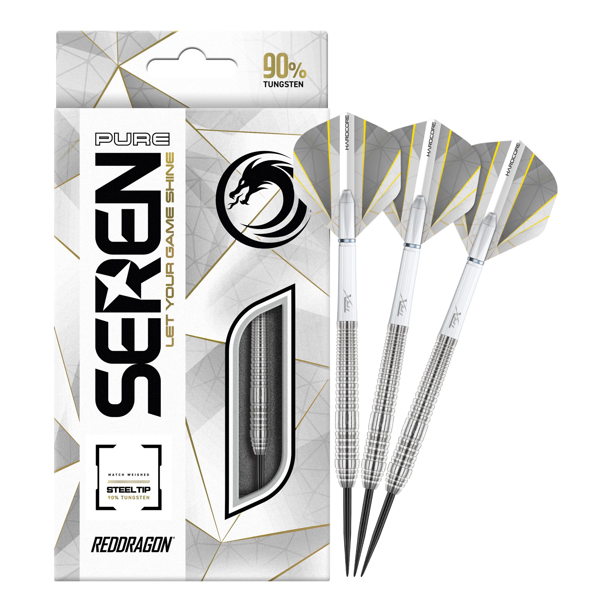 Red Dragon Seren 2 Dardos de acero puro Das Bild zeigt das Produkt "Red Dragon Seren 2 Pure Steeldarts" mit einer eleganten Verpackung. Neben der Packung sind drei silberne Steeldarts abgebildet.
