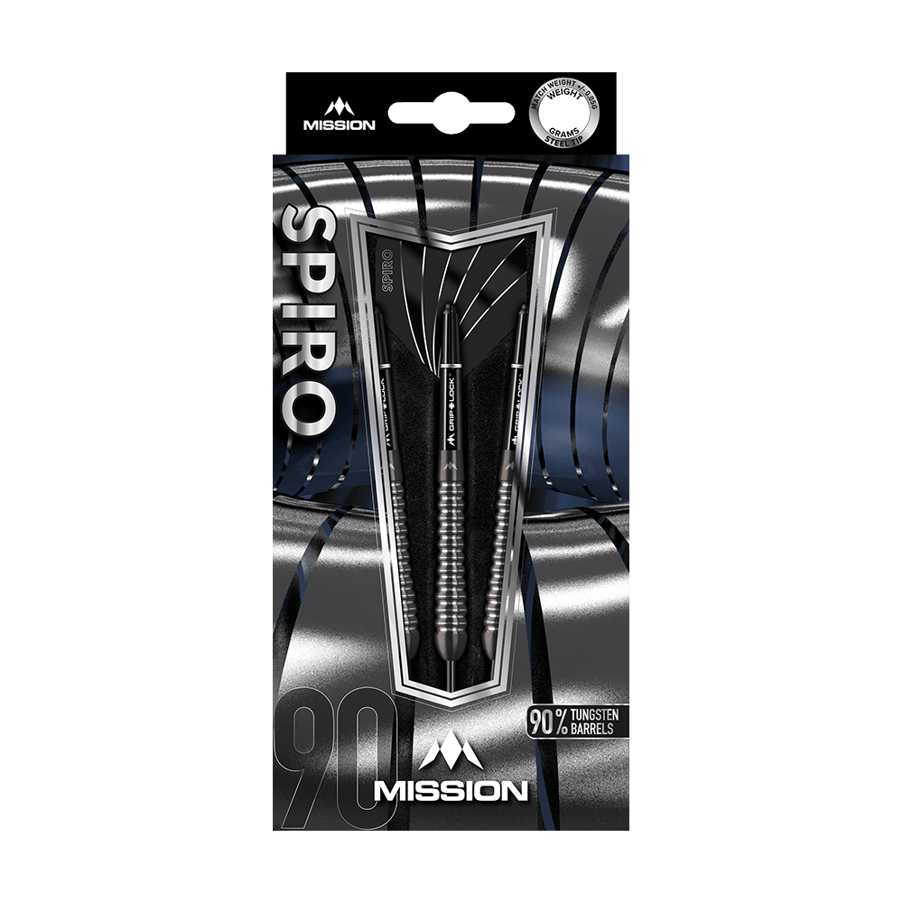 Dardos de acero Mission Spiro Modelo 2 - 22 g Das Bild zeigt eine Verpackung der Mission Spiro Model 2 Steeldarts mit einem Gewicht von 22 Gramm. Die Pfeile bestehen zu 90 % aus Tungsten und sind elegant in einer silber-schwarzen Box präsentiert.